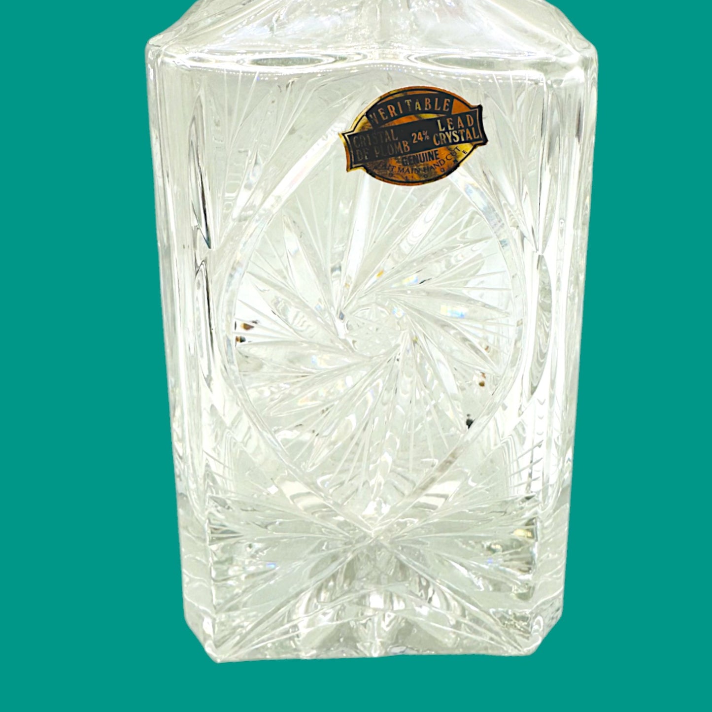 Vintage Crystal Whiskey Decanter – Mid-Century Rectangle Barware with Pinwheel Cut