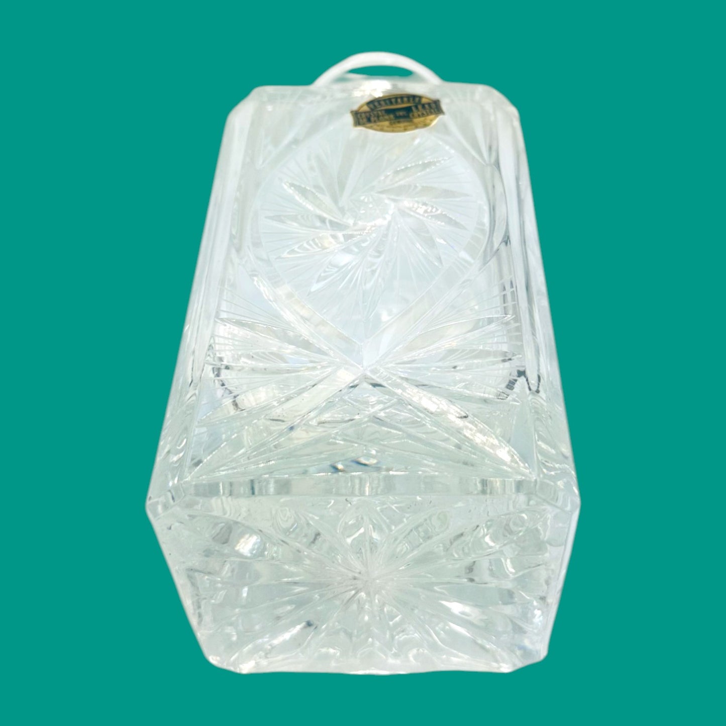 Vintage Crystal Whiskey Decanter – Mid-Century Rectangle Barware with Pinwheel Cut