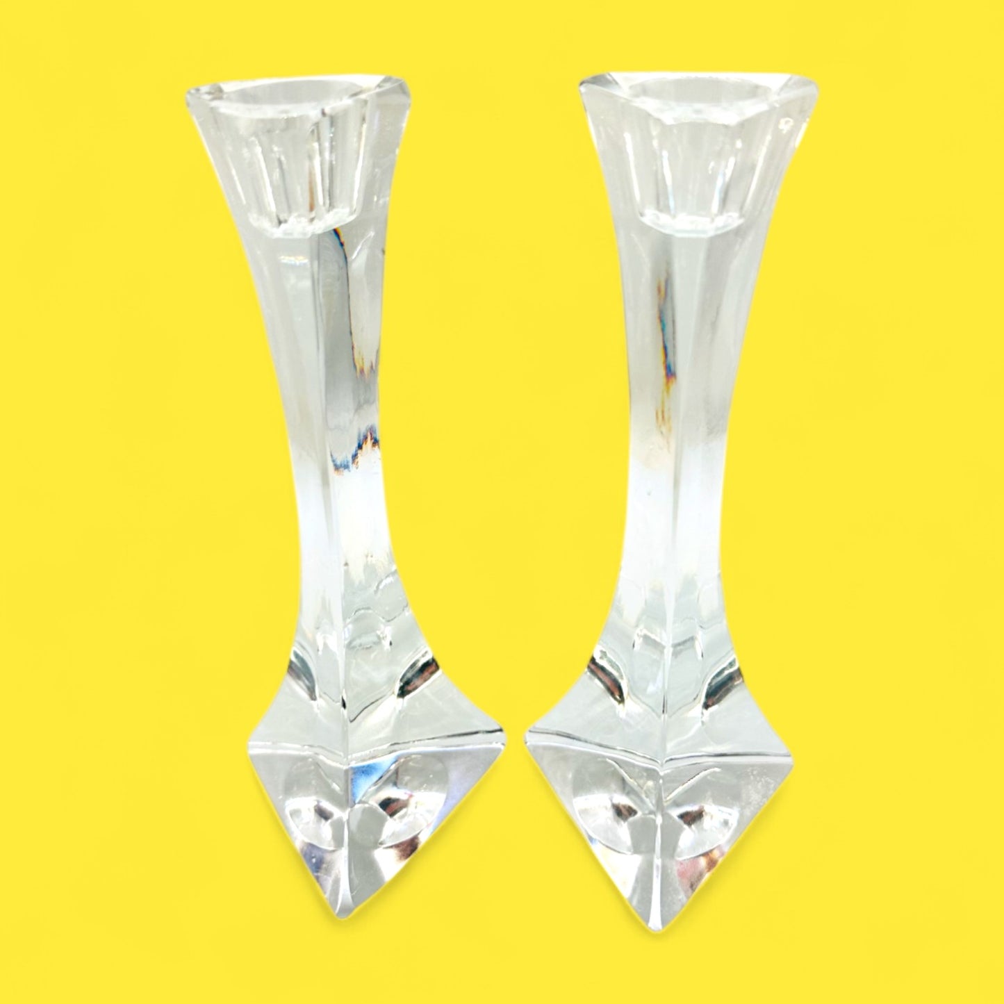 Vintage Thomas Webb Crystal Candlesticks – Triangular British Glass Pair