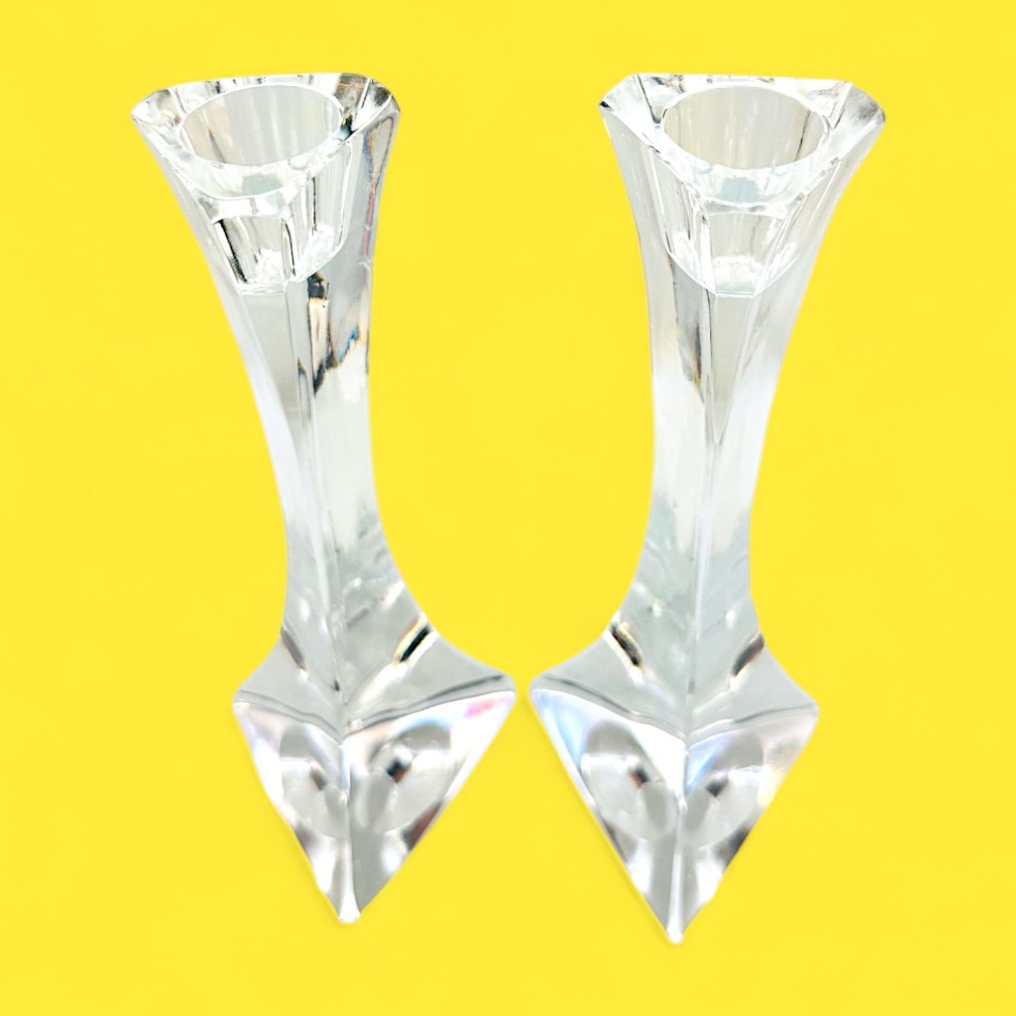 Vintage Thomas Webb Crystal Candlesticks – Triangular British Glass Pair