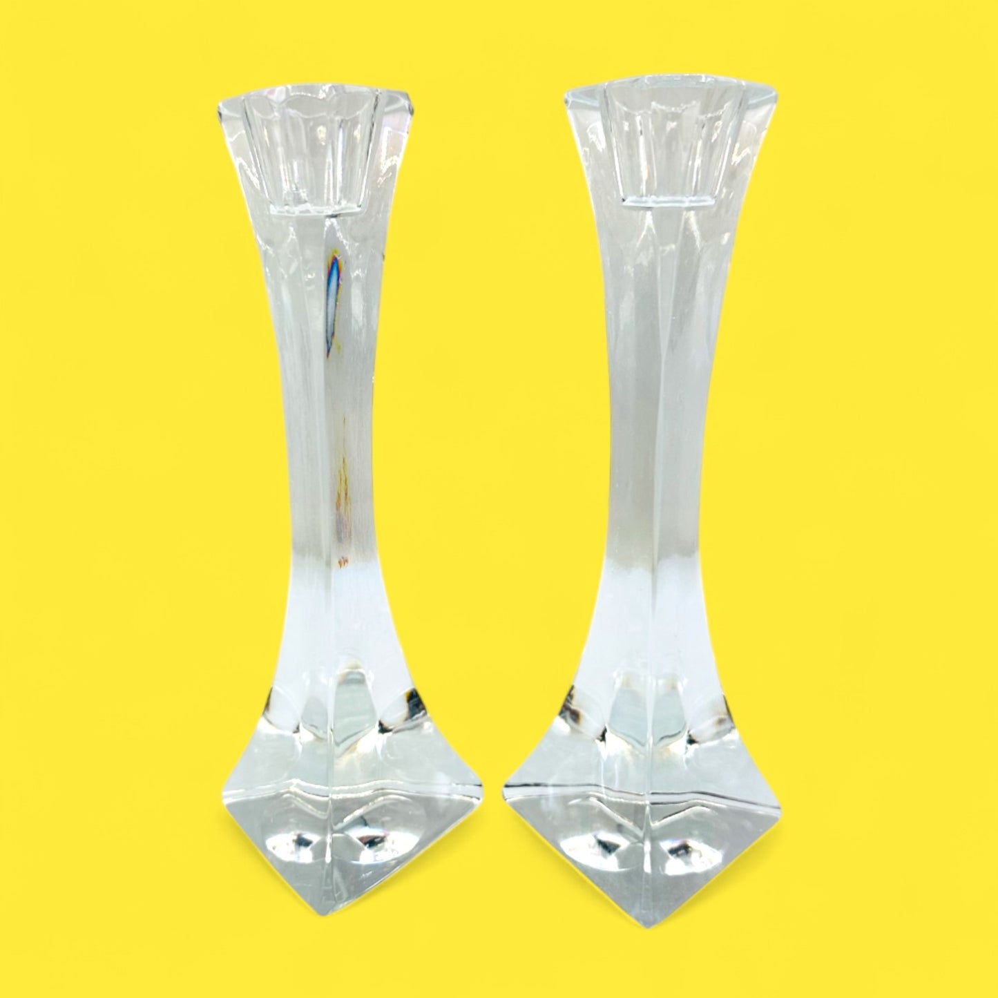 Vintage Thomas Webb Crystal Candlesticks – Triangular British Glass Pair