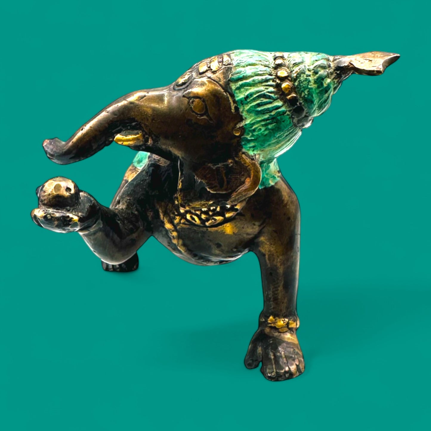 Vintage Brass Baby Ganesha Statue – Crawling Hindu Deity Figurine with Patina