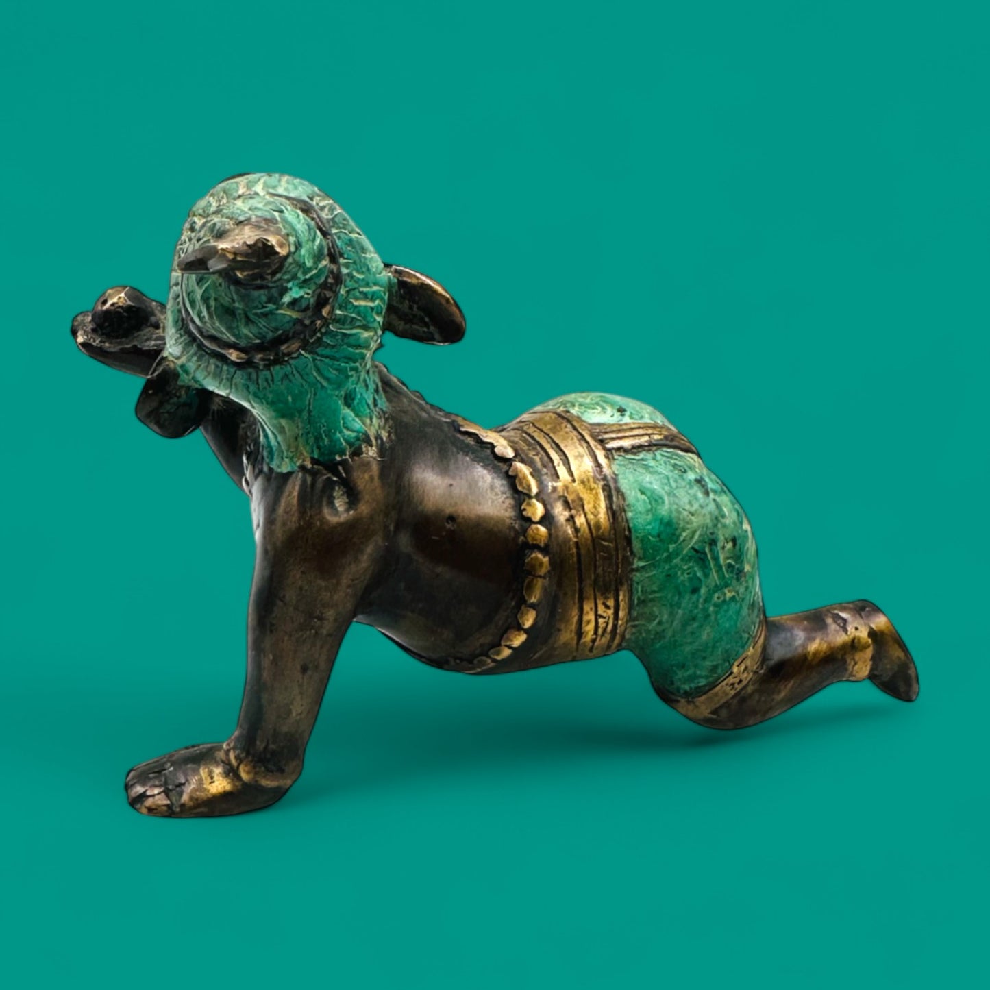 Vintage Brass Baby Ganesha Statue – Crawling Hindu Deity Figurine with Patina