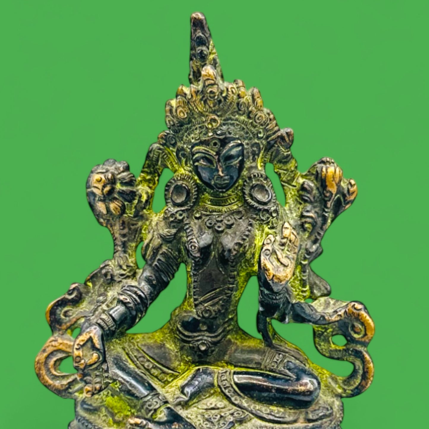 Vintage Brass Green Tara Statue – Seated Buddhist Deity Figurine with Patina