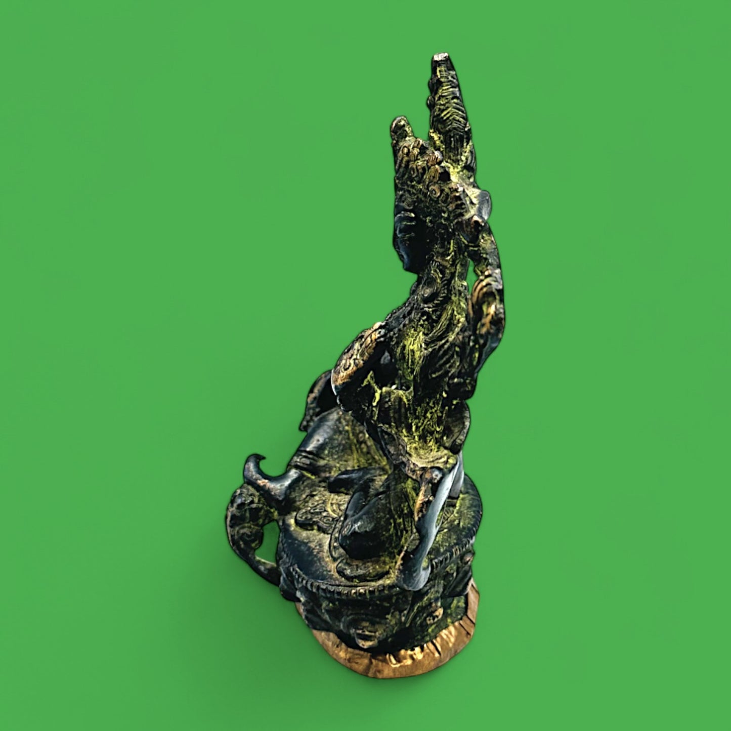 Vintage Brass Green Tara Statue – Seated Buddhist Deity Figurine with Patina