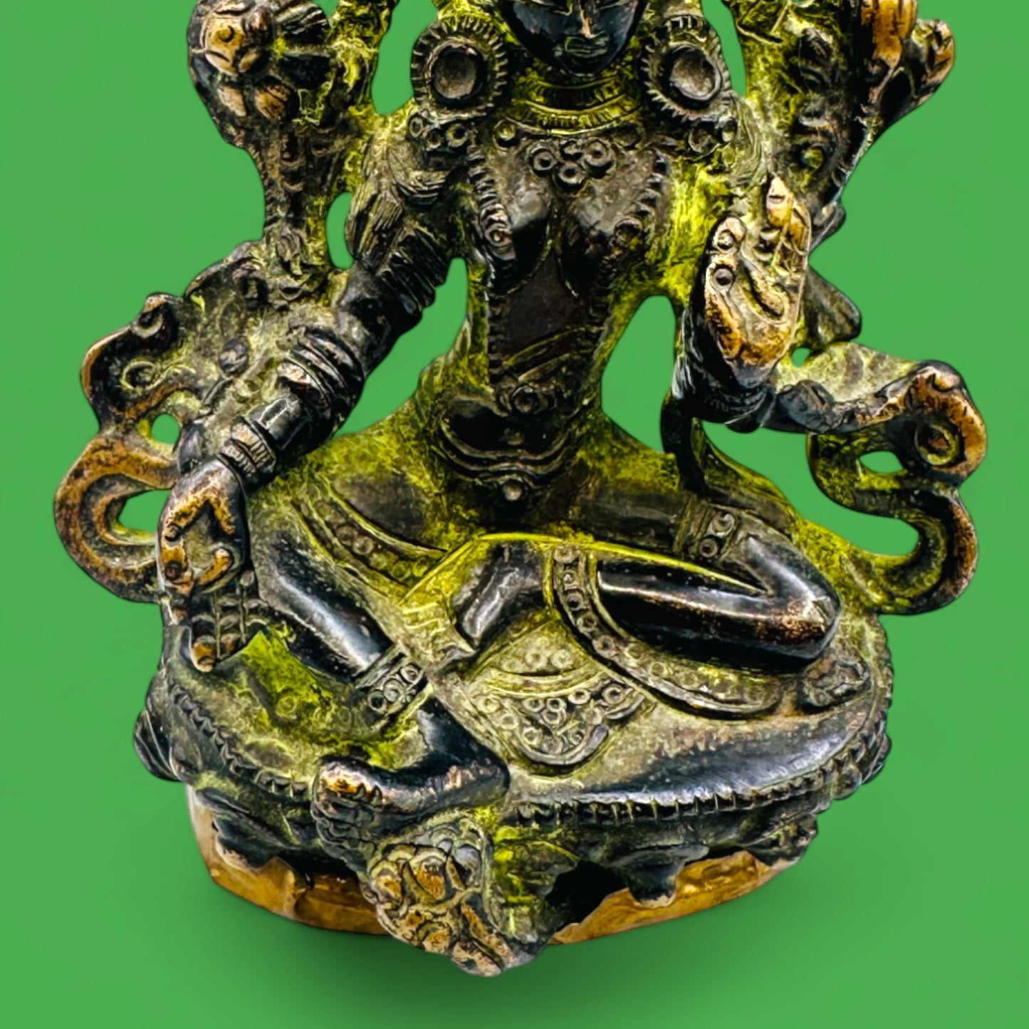 Vintage Brass Green Tara Statue – Seated Buddhist Deity Figurine with Patina
