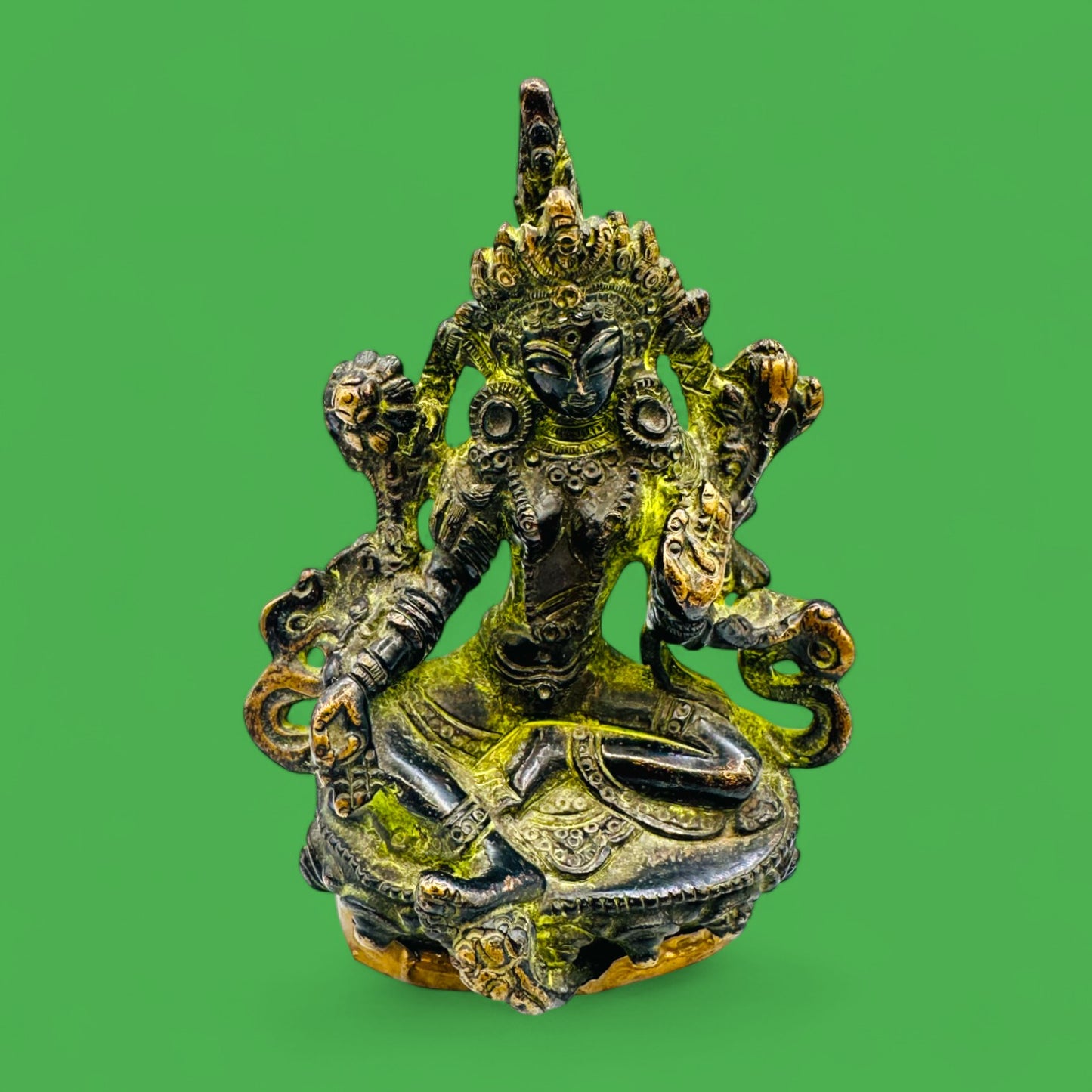 Vintage Brass Green Tara Statue – Seated Buddhist Deity Figurine with Patina