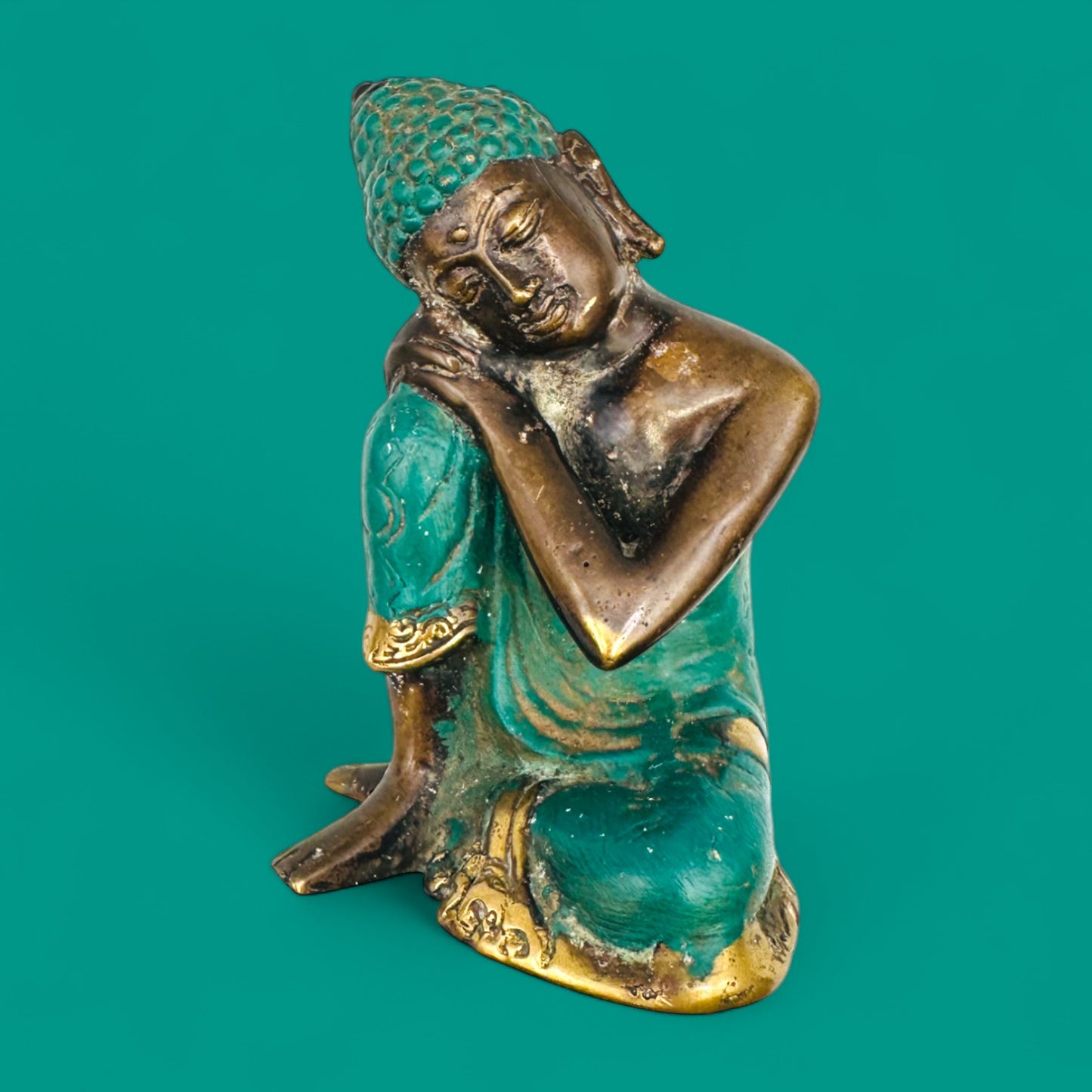 Vintage Brass Contemplating Buddha Statue – Meditative Royal Pensive Pose