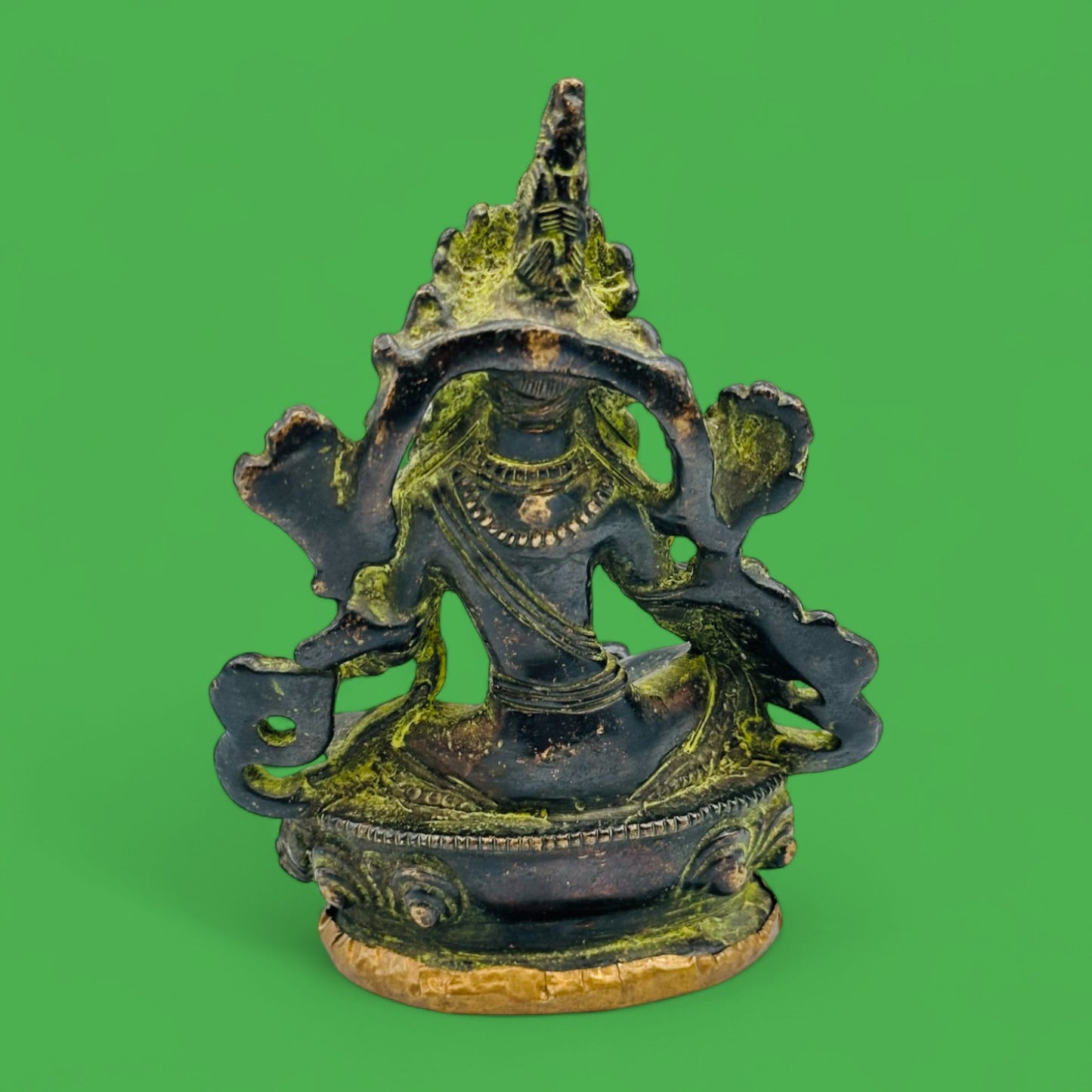 Vintage Brass Green Tara Statue – Seated Buddhist Deity Figurine with Patina