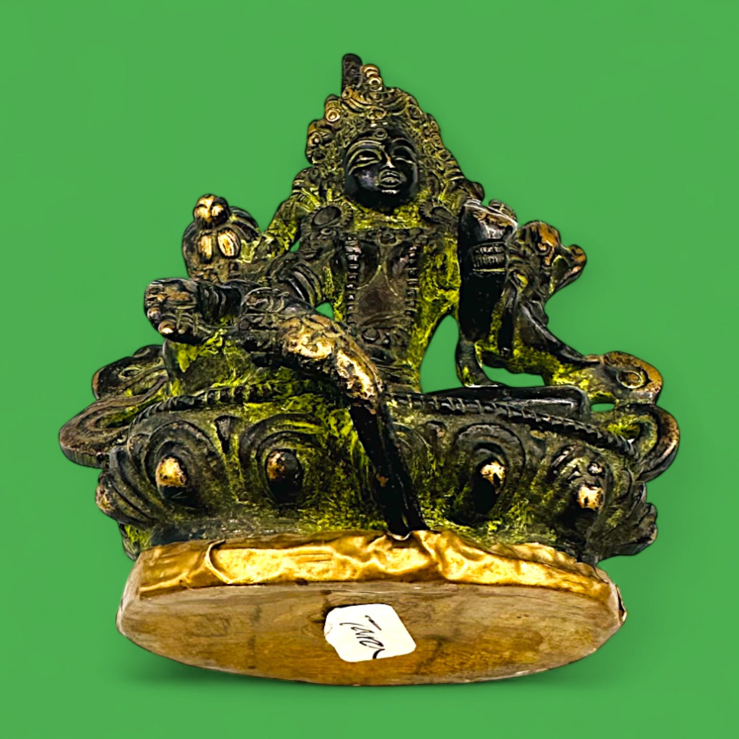 Vintage Brass Green Tara Statue – Seated Buddhist Deity Figurine with Patina