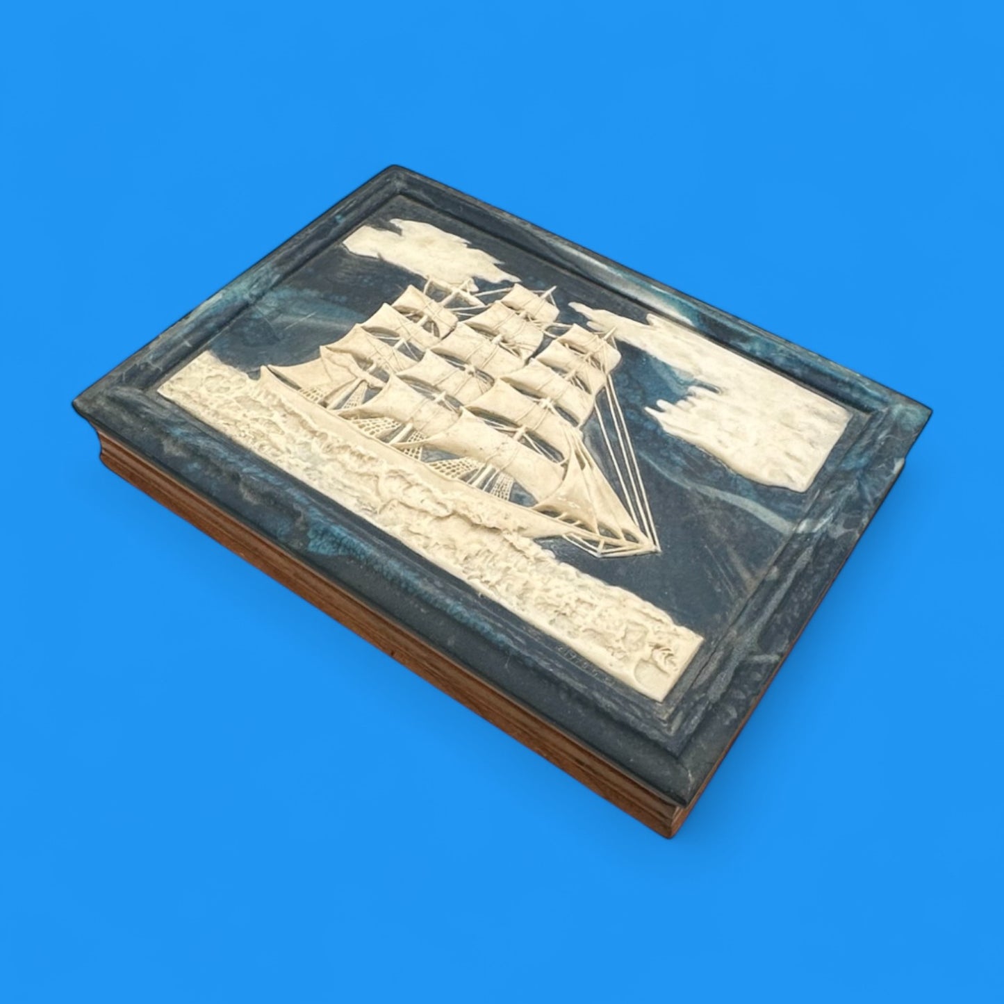 Vintage Nautical Jewelry Trinket Box – Incolay Stone Sailing Ship Design