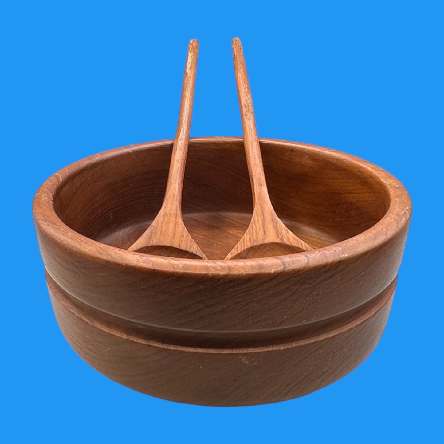 Vintage 1970s Carved Teak Wood Grooved Salad Bowl with Fork & Spoon