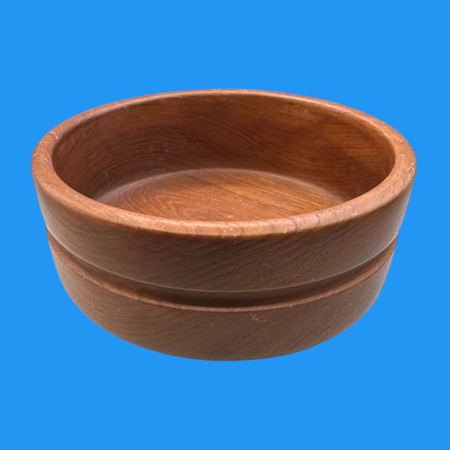 Vintage 1970s Carved Teak Wood Grooved Salad Bowl with Fork & Spoon
