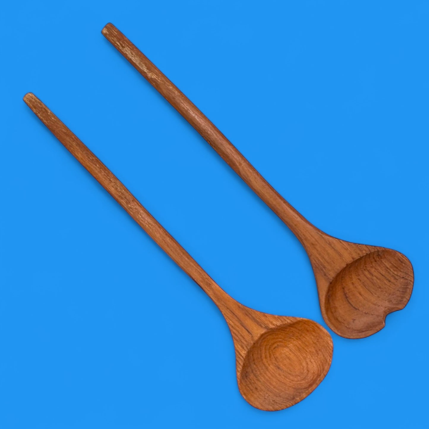Vintage 1970s Carved Teak Wood Grooved Salad Bowl with Fork & Spoon