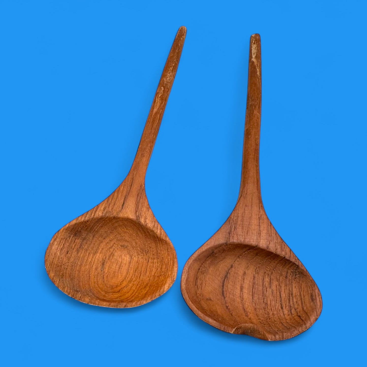 Vintage 1970s Carved Teak Wood Grooved Salad Bowl with Fork & Spoon