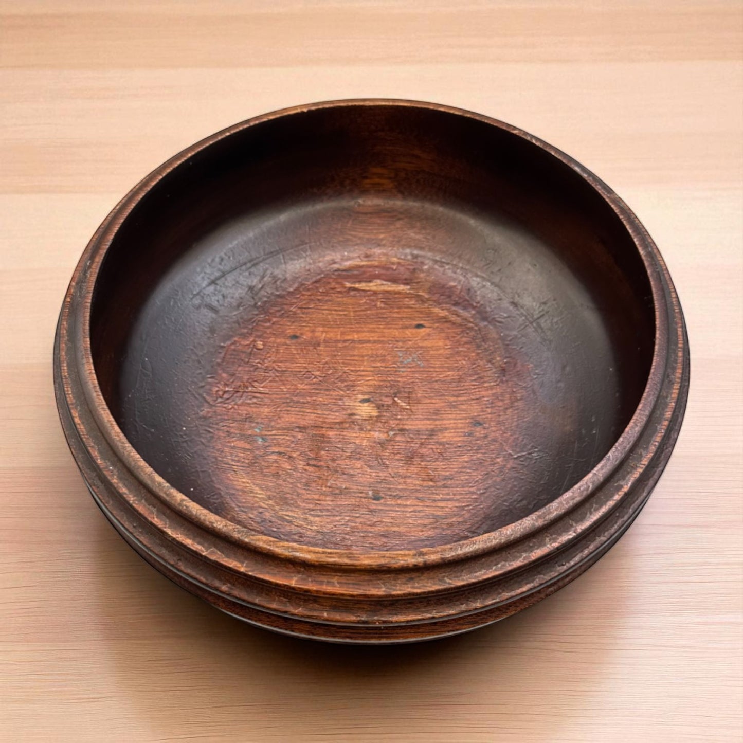 Vintage Dark Wood Church Offering Tray – Ribbed Design with Green Felt Base