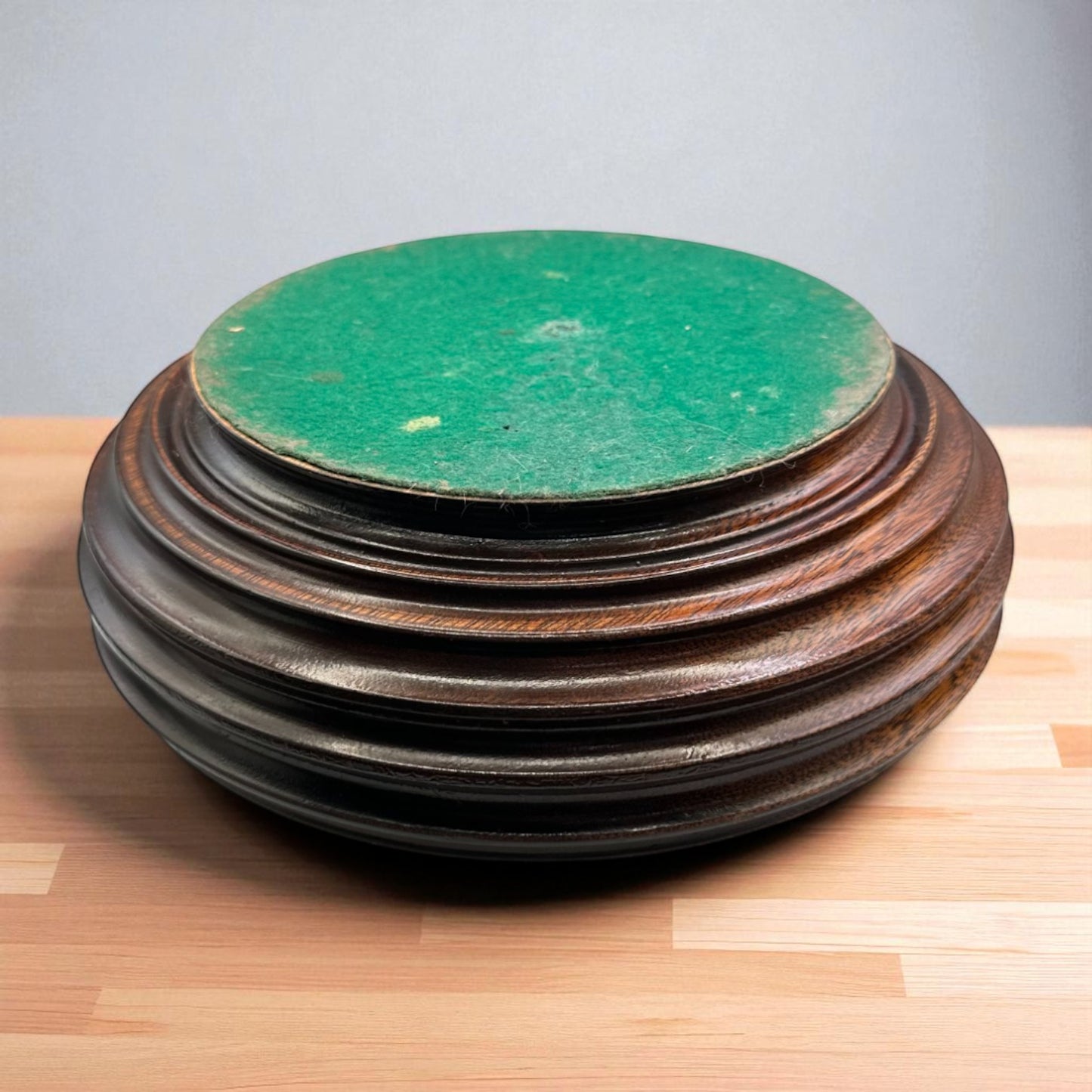 Vintage Dark Wood Church Offering Tray – Ribbed Design with Green Felt Base