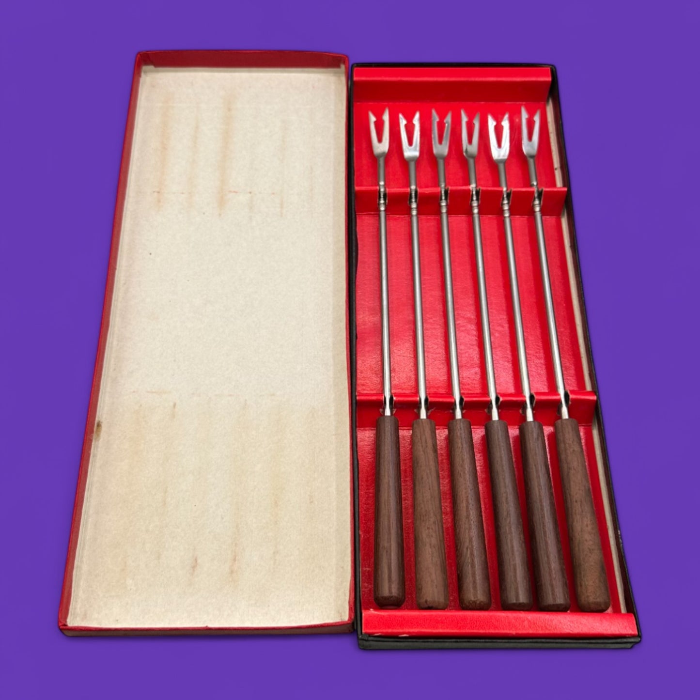 Mid Century Teak Fondue Forks – Vintage Set of 6 in Box