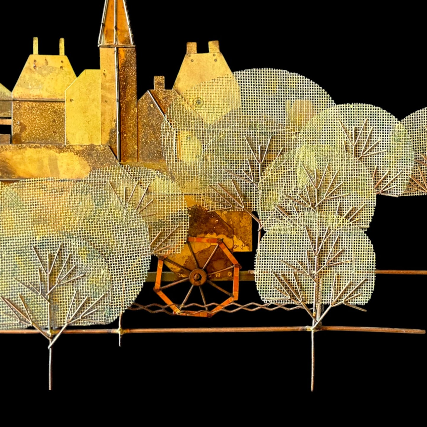 Signed Curtis Jere Brutalist Metal Wall Sculpture – Church Village & Tree Scene