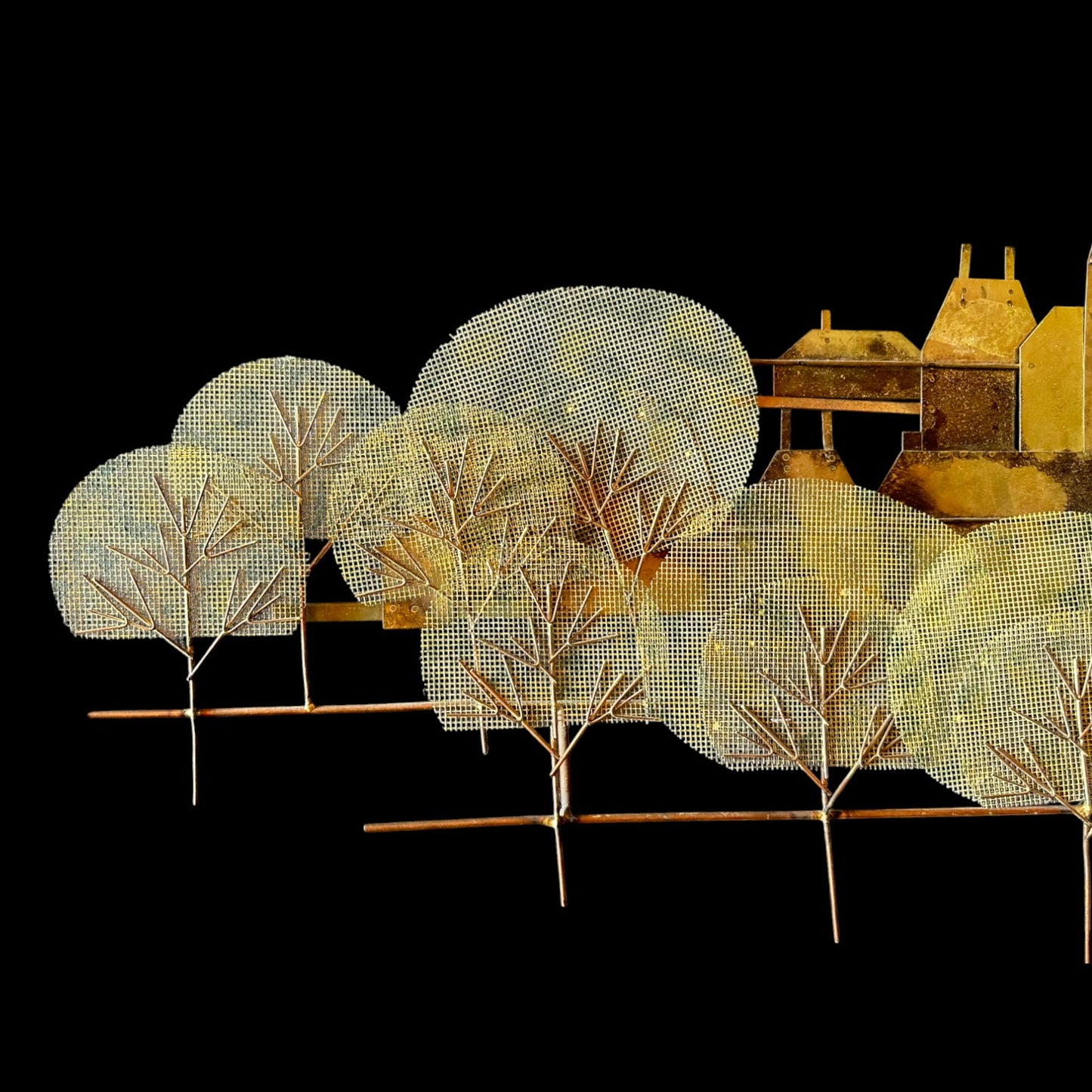 Signed Curtis Jere Brutalist Metal Wall Sculpture – Church Village & Tree Scene