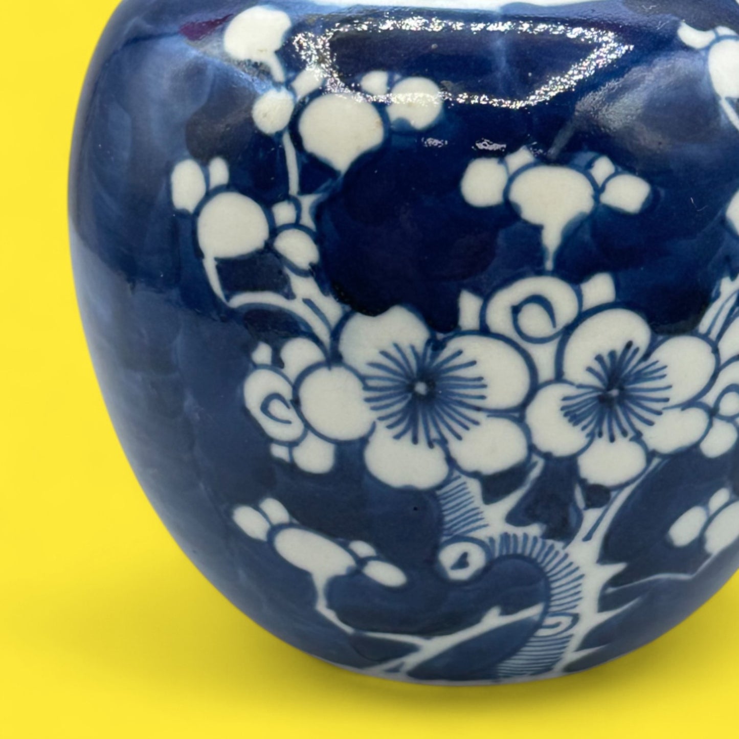 Vintage Hand-Glazed Chinese Floral Vase with White on Blue Motif