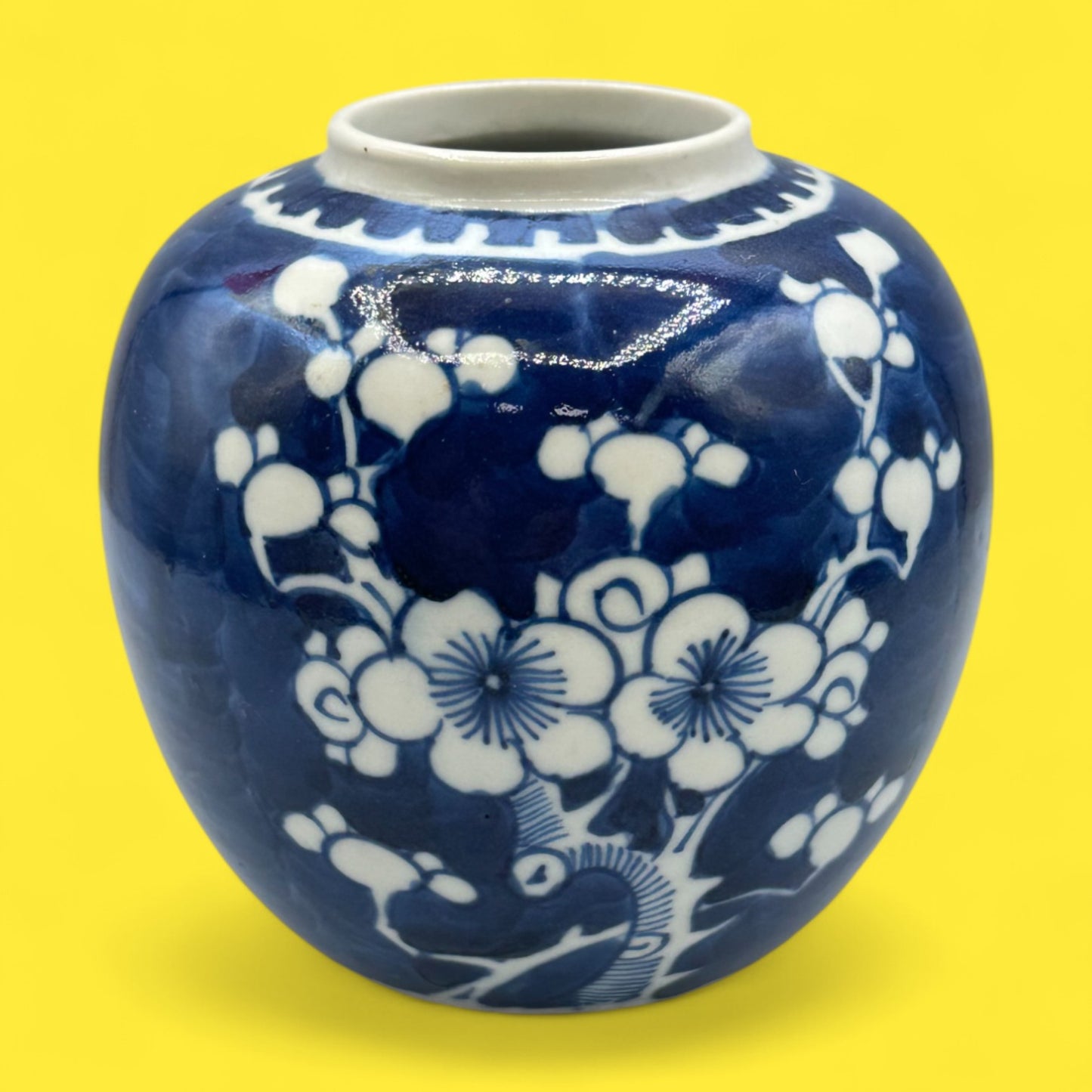 Vintage Hand-Glazed Chinese Floral Vase with White on Blue Motif