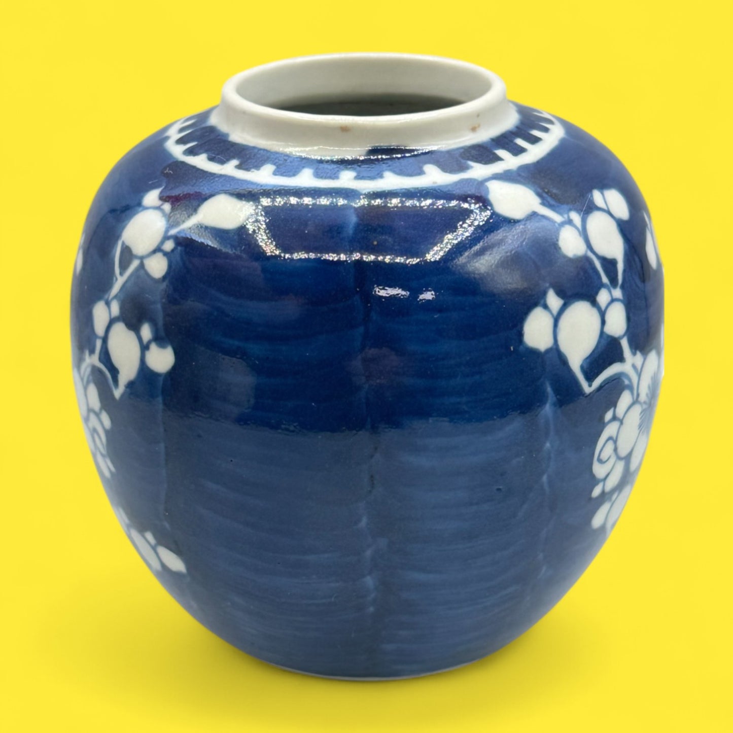 Vintage Hand-Glazed Chinese Floral Vase with White on Blue Motif