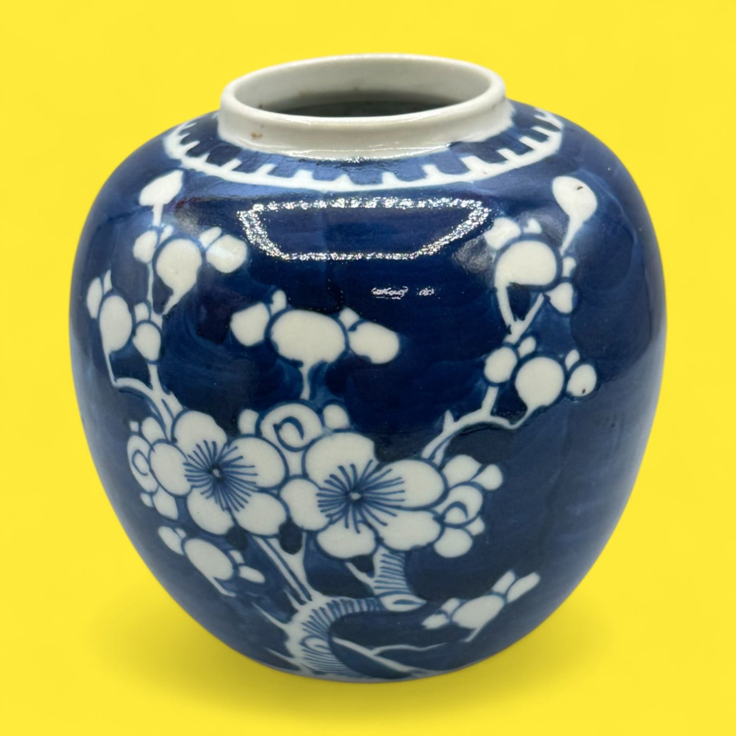 Vintage Hand-Glazed Chinese Floral Vase with White on Blue Motif