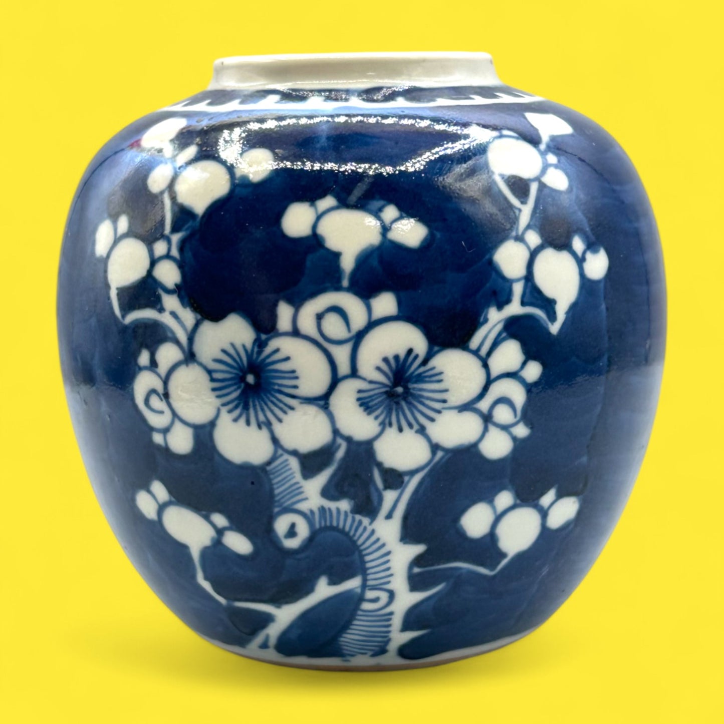 Vintage Hand-Glazed Chinese Floral Vase with White on Blue Motif