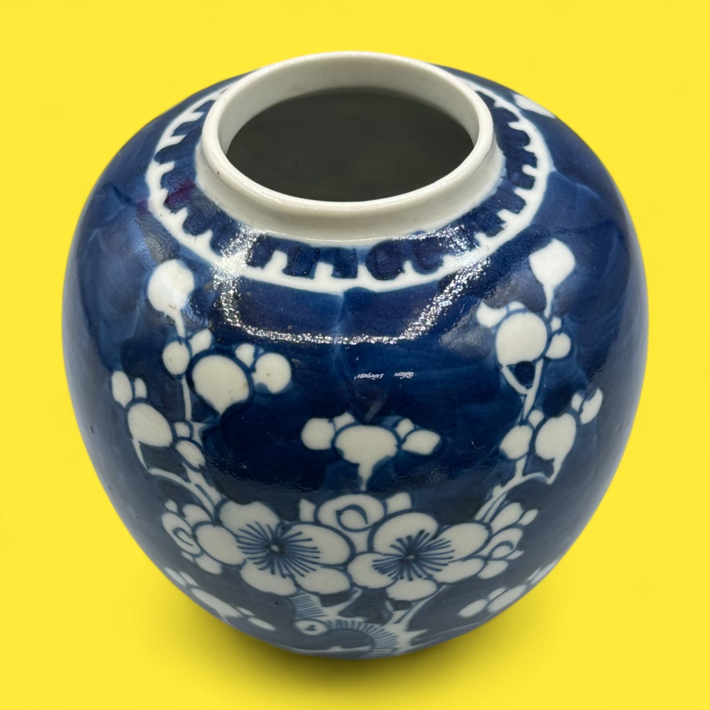 Vintage Hand-Glazed Chinese Floral Vase with White on Blue Motif