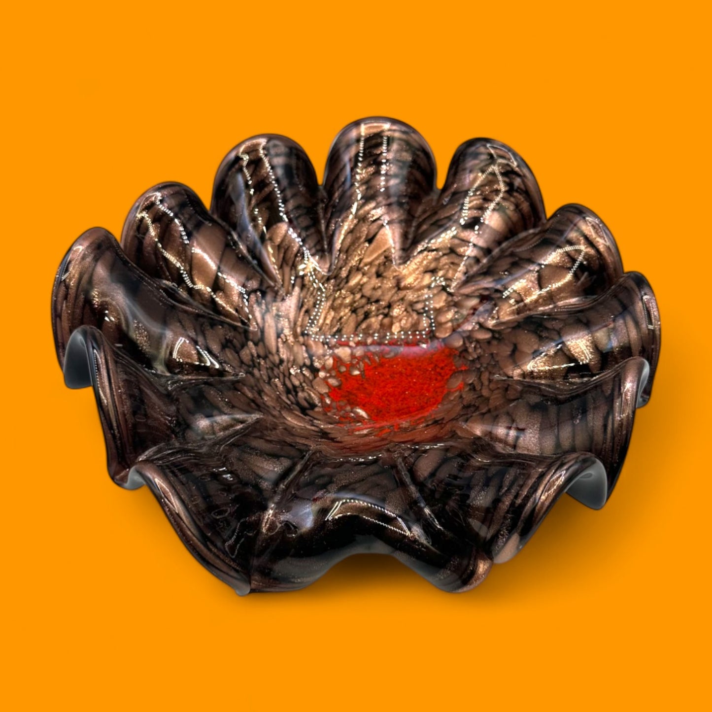 Vintage 1970s Murano Art Glass Bowl – Brown, Black & Red Decorative Centerpiece