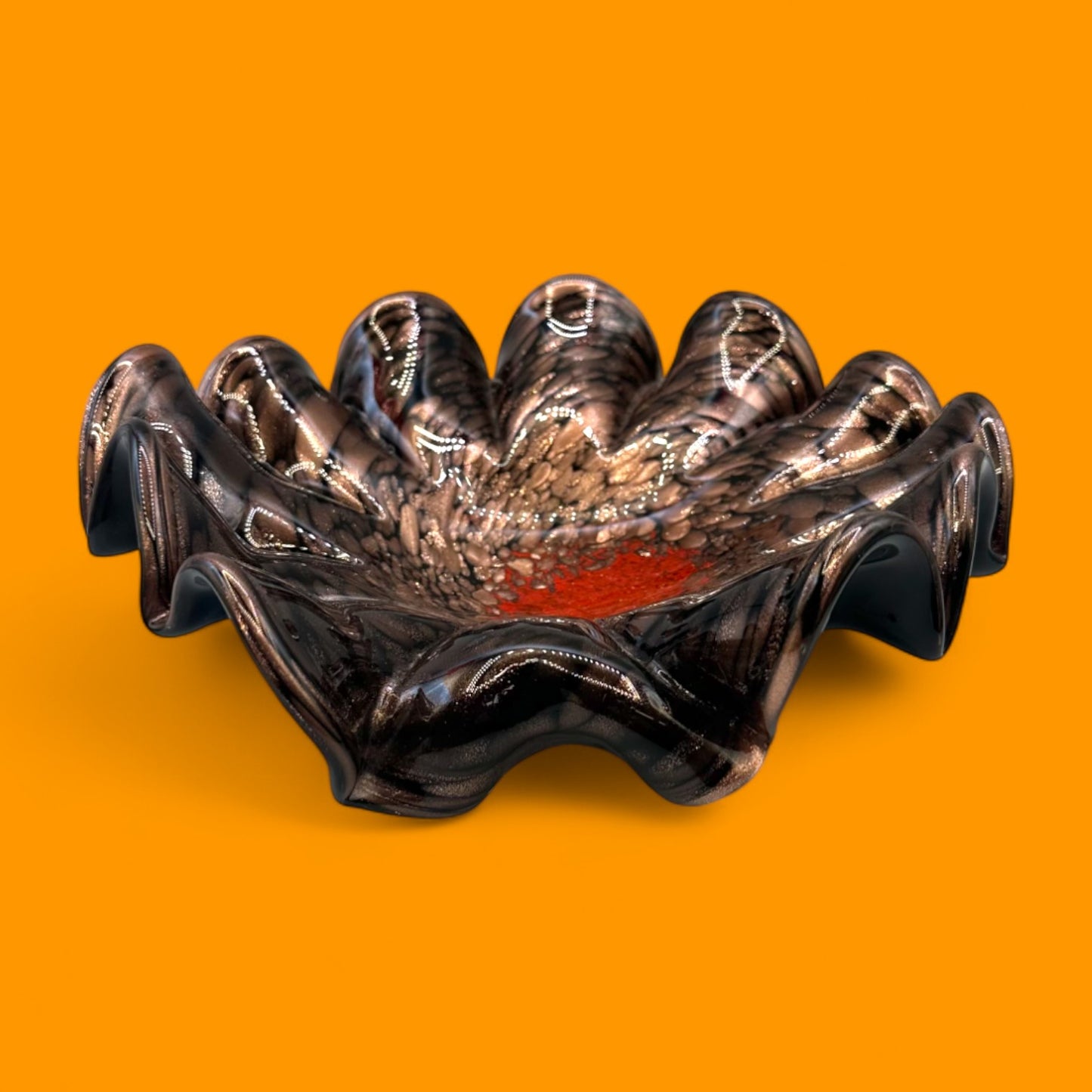Vintage 1970s Murano Art Glass Bowl – Brown, Black & Red Decorative Centerpiece