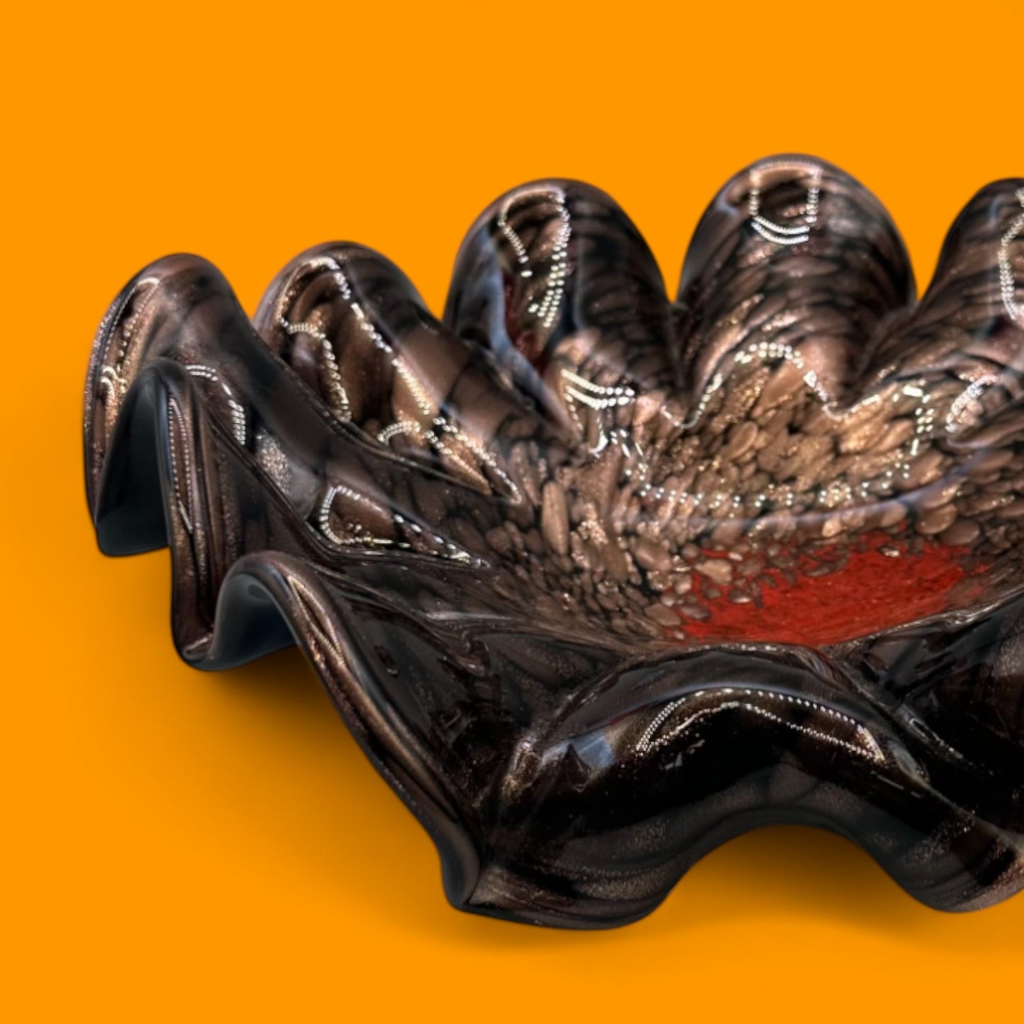 Vintage 1970s Murano Art Glass Bowl – Brown, Black & Red Decorative Centerpiece