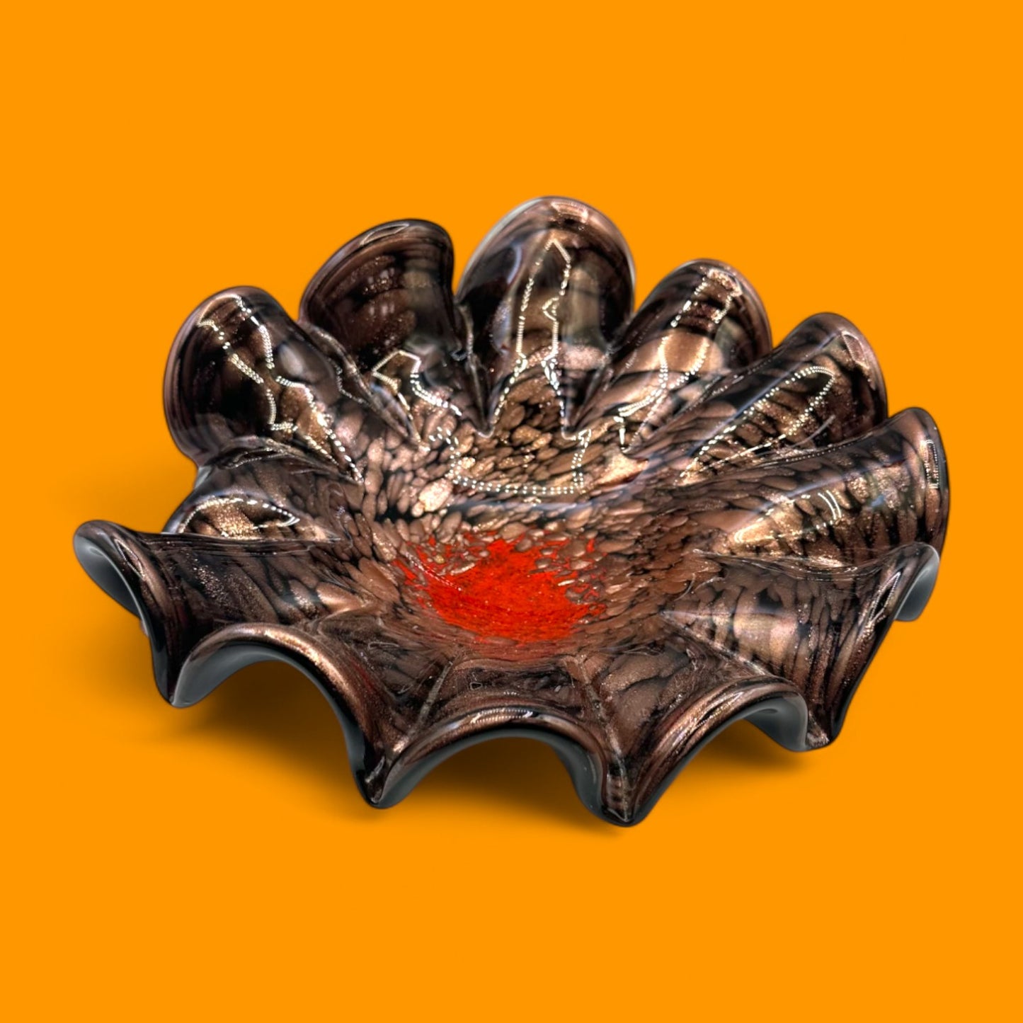 Vintage 1970s Murano Art Glass Bowl – Brown, Black & Red Decorative Centerpiece