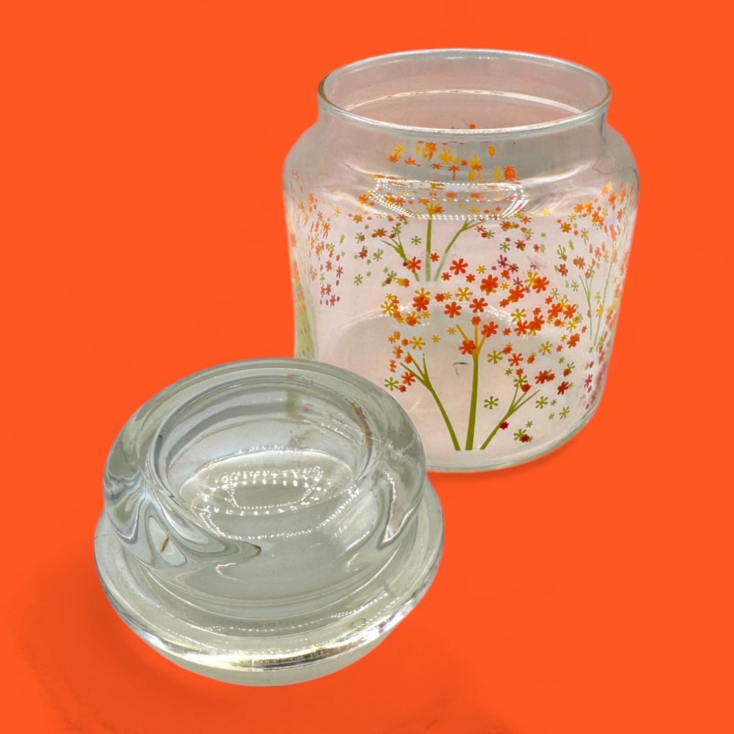 Anchor Hocking Vintage Glass Canister with Lid – Autumn Flowers Design 5.5”