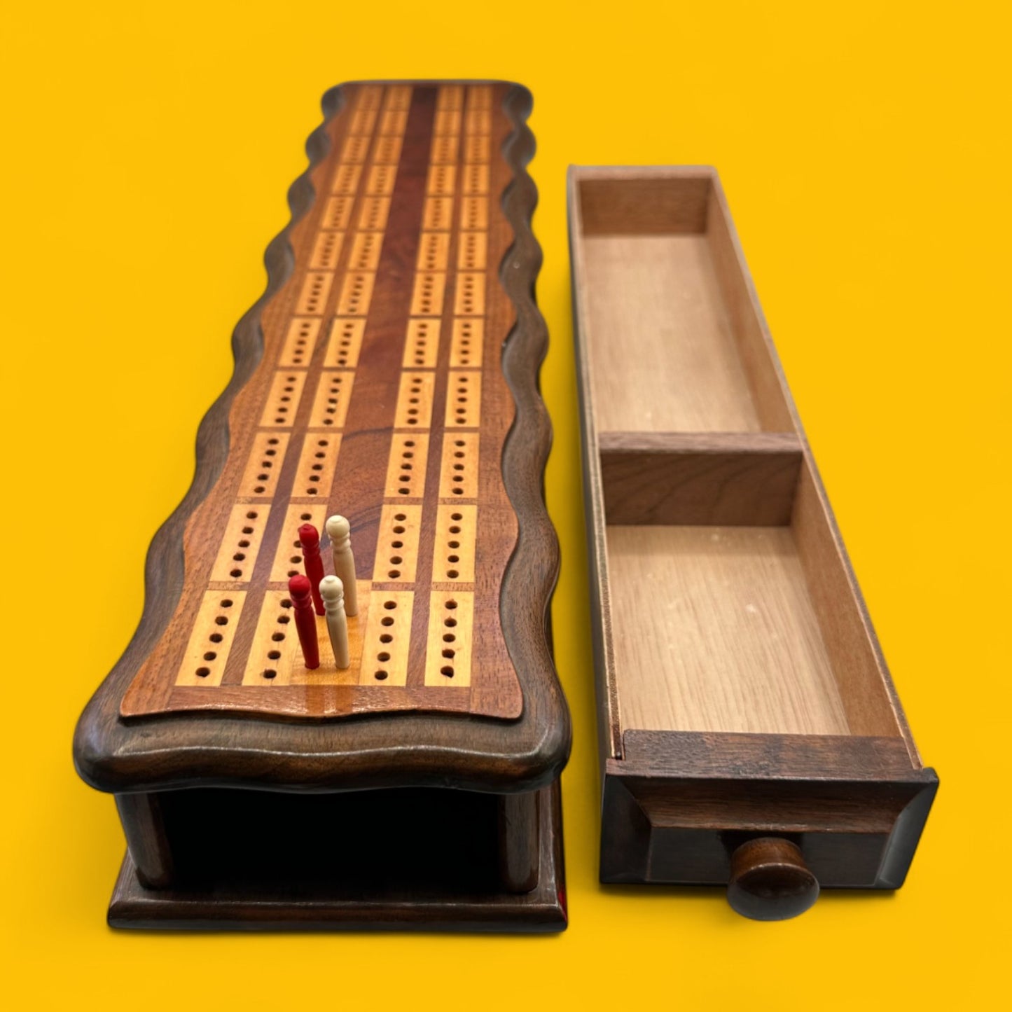 Vintage Wooden Cribbage / Crib Board with Magnetic Drawer