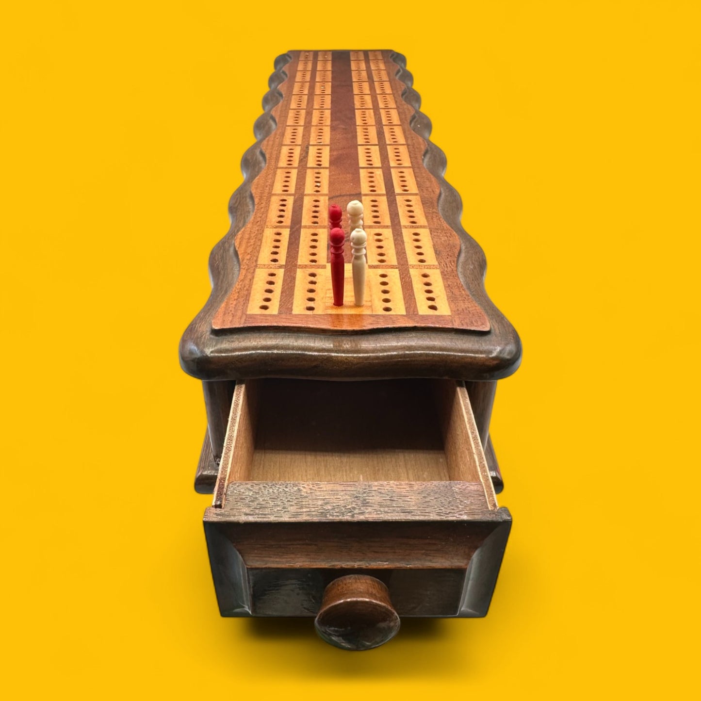 Vintage Wooden Cribbage / Crib Board with Magnetic Drawer
