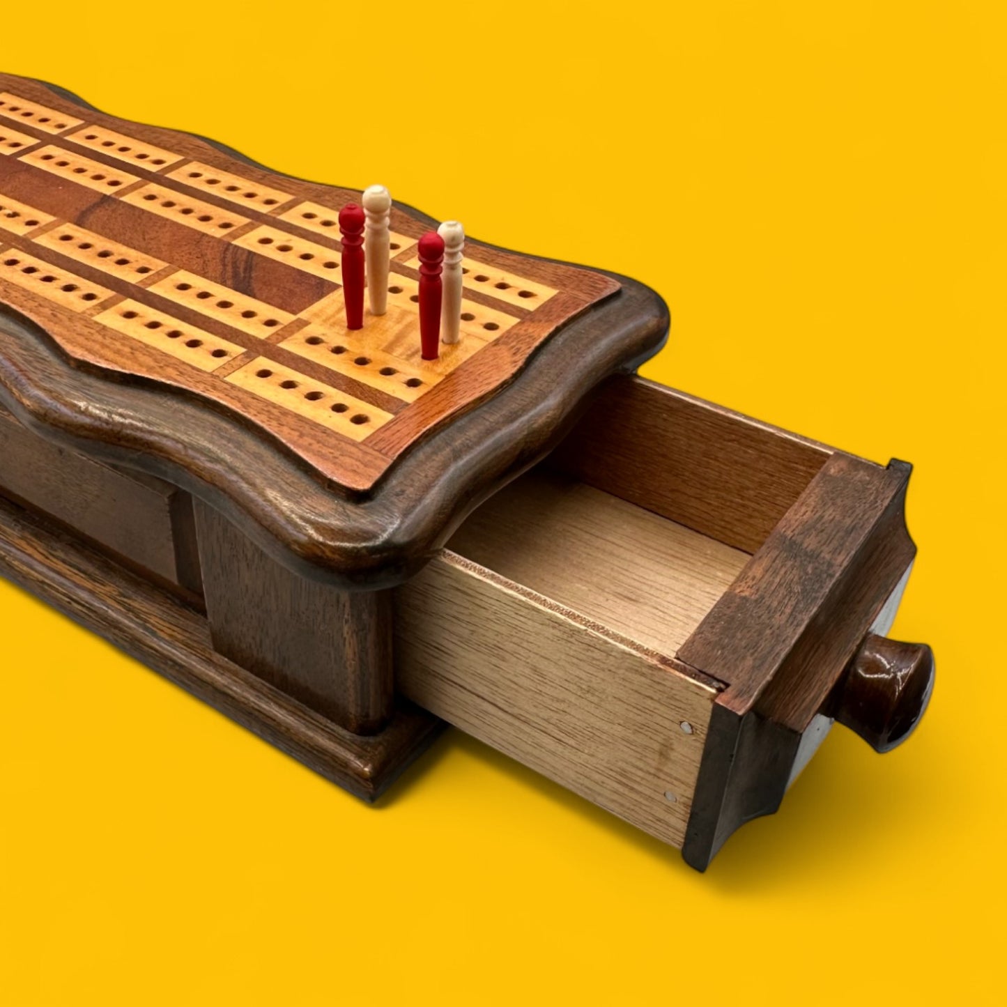 Vintage Wooden Cribbage / Crib Board with Magnetic Drawer