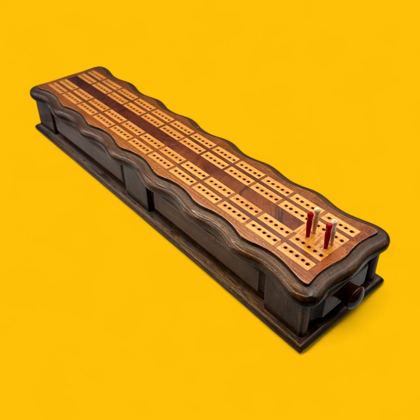 Vintage Wooden Cribbage / Crib Board with Magnetic Drawer