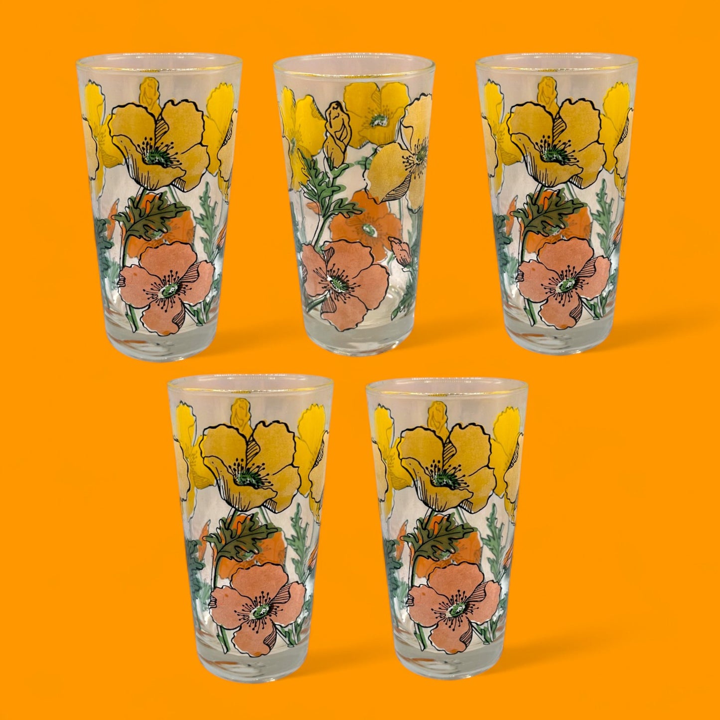 5 Vintage Juice Glasses with Poppy Flowers – Mid-Century Floral