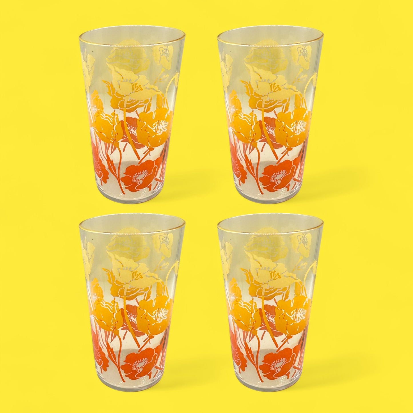 4 Anchor Hocking Morning Glory Flower Juice Glasses – Vintage 70s Retro Floral Drinkware