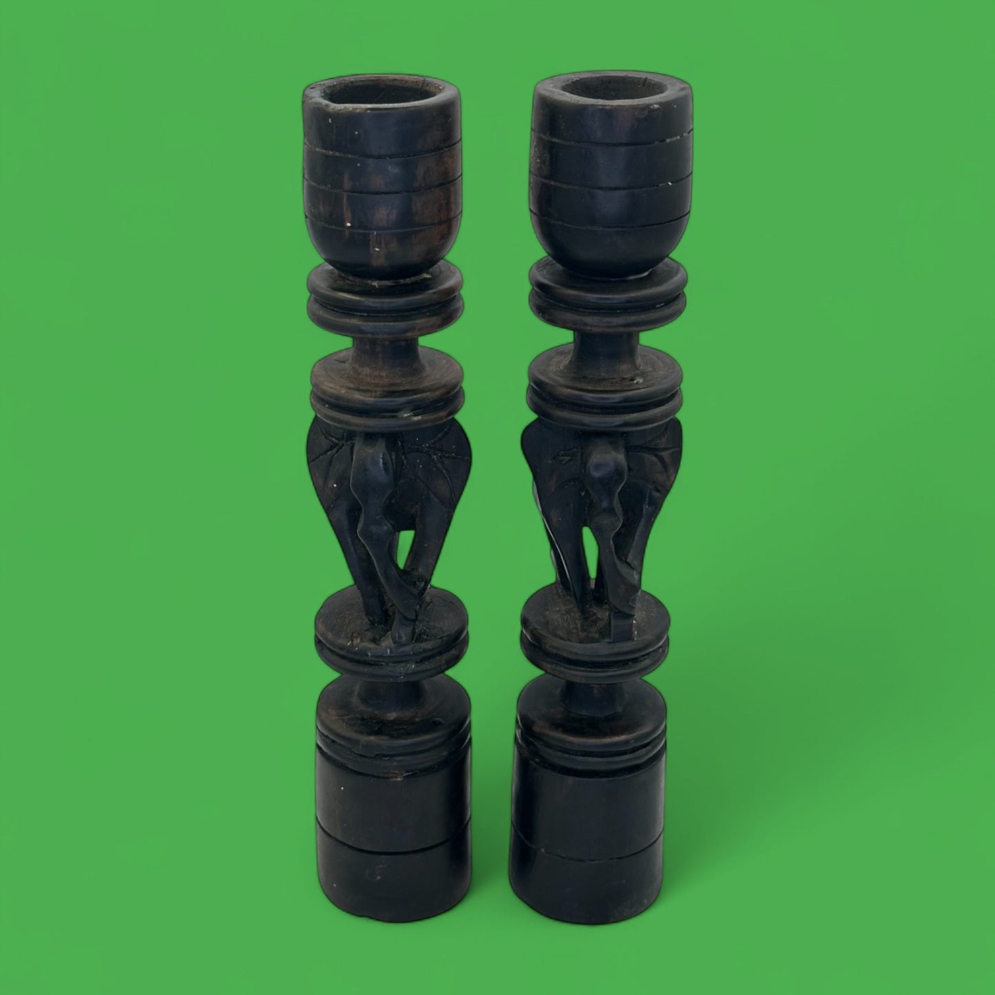 Pair of Hand-Carved African Elephant Candle Holders – Hardwood Tribal Art