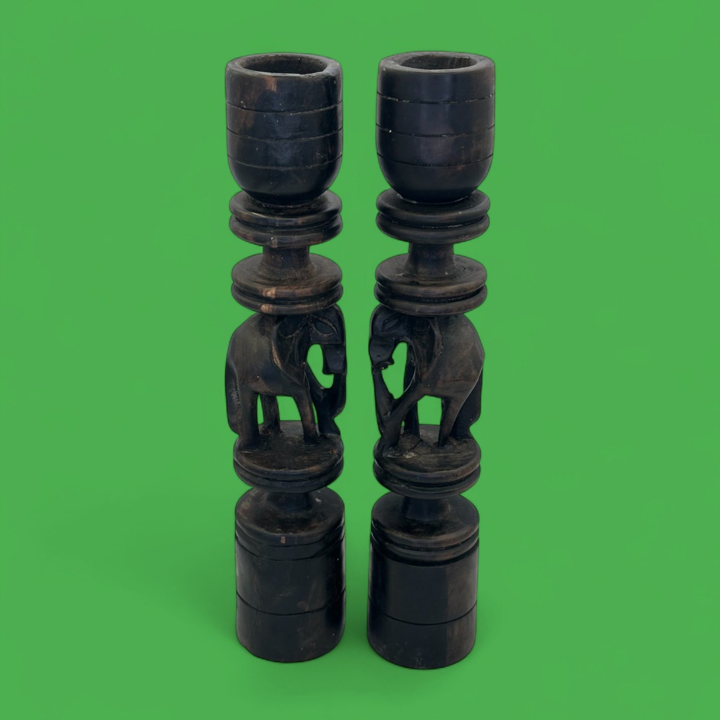 Pair of Hand-Carved African Elephant Candle Holders – Hardwood Tribal Art