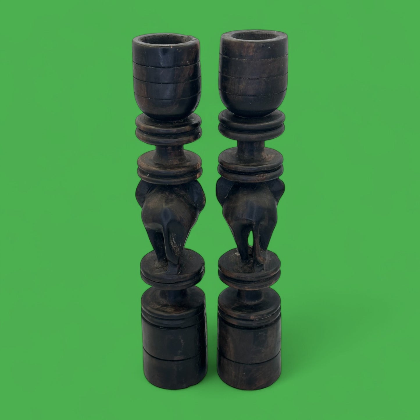 Pair of Hand-Carved African Elephant Candle Holders – Hardwood Tribal Art