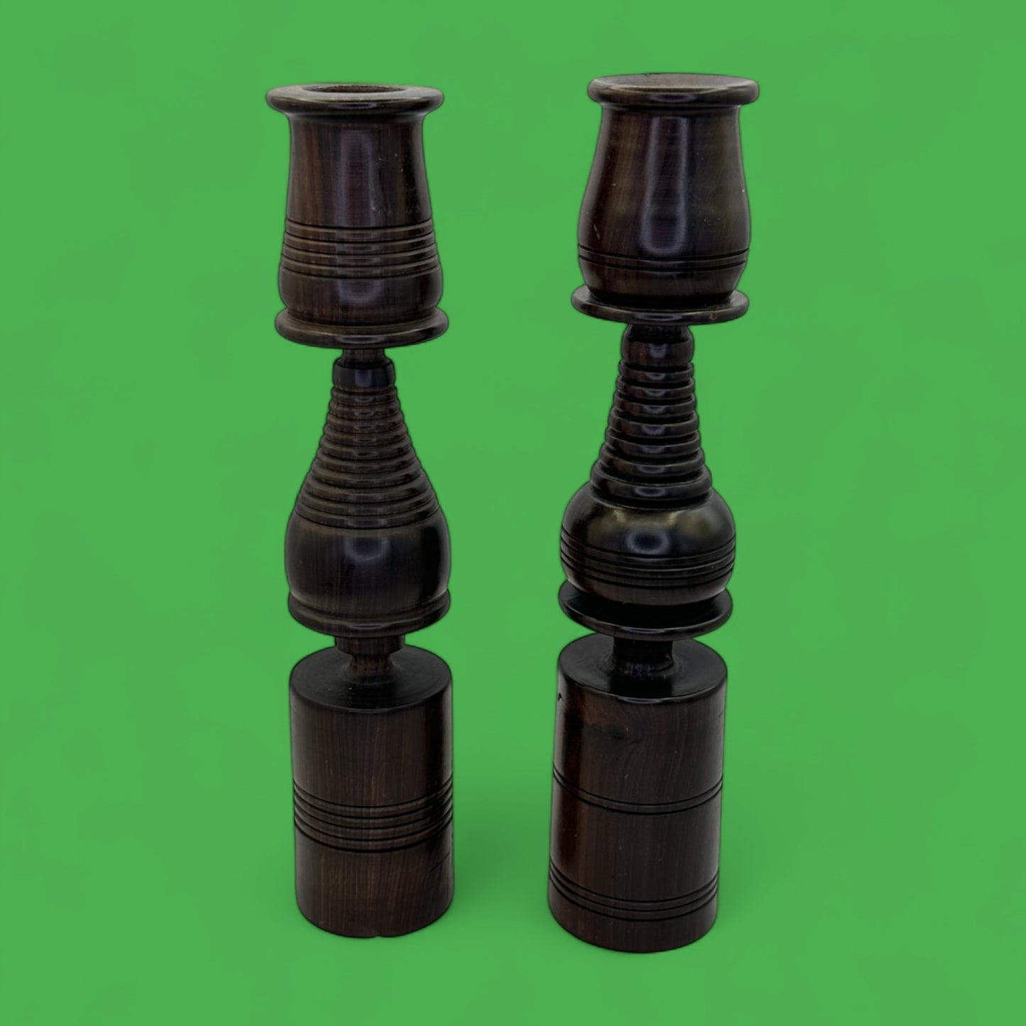 Pair of Vintage Hardwood Candle Holders – Hand-Turned Dark Wood MCM