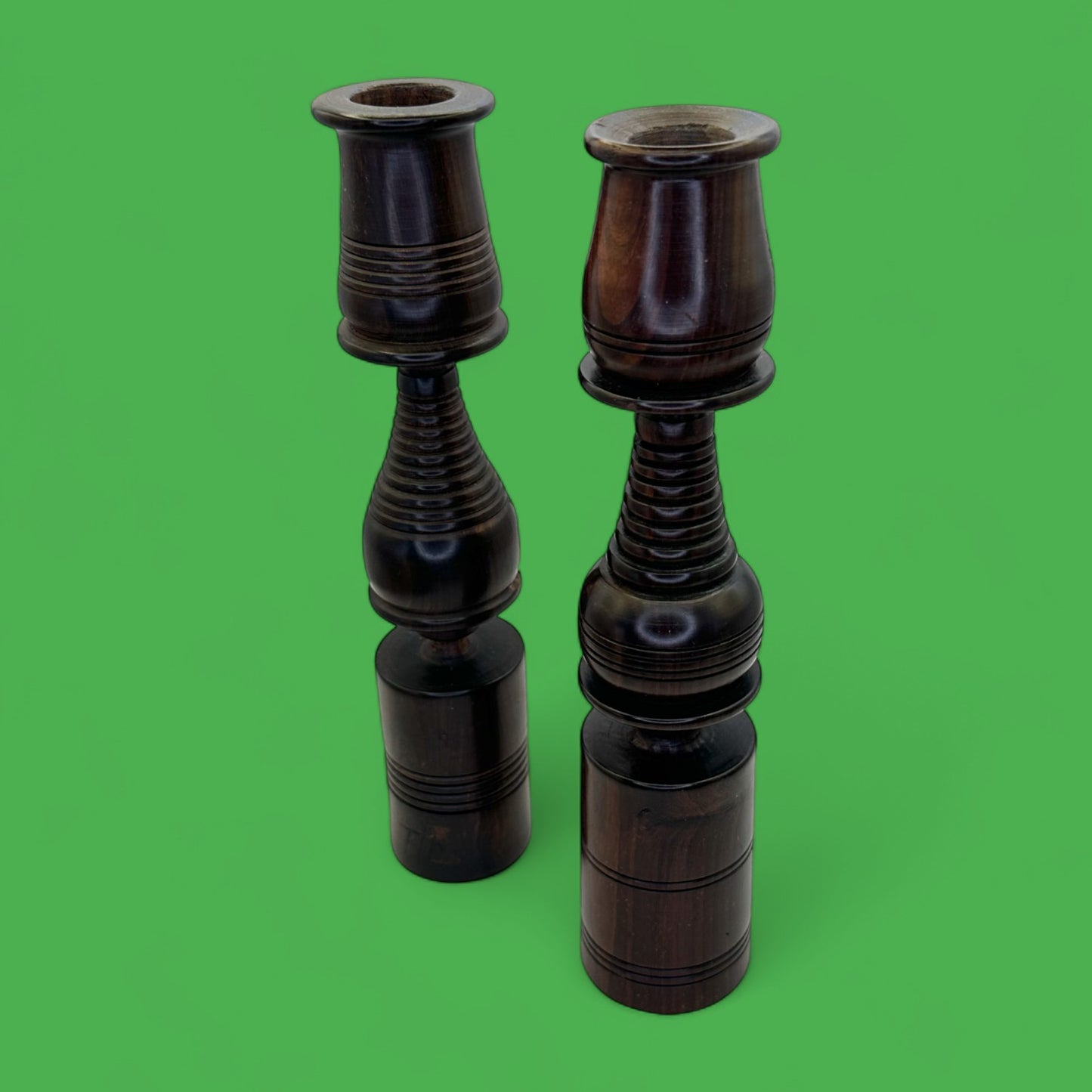 Pair of Vintage Hardwood Candle Holders – Hand-Turned Dark Wood MCM