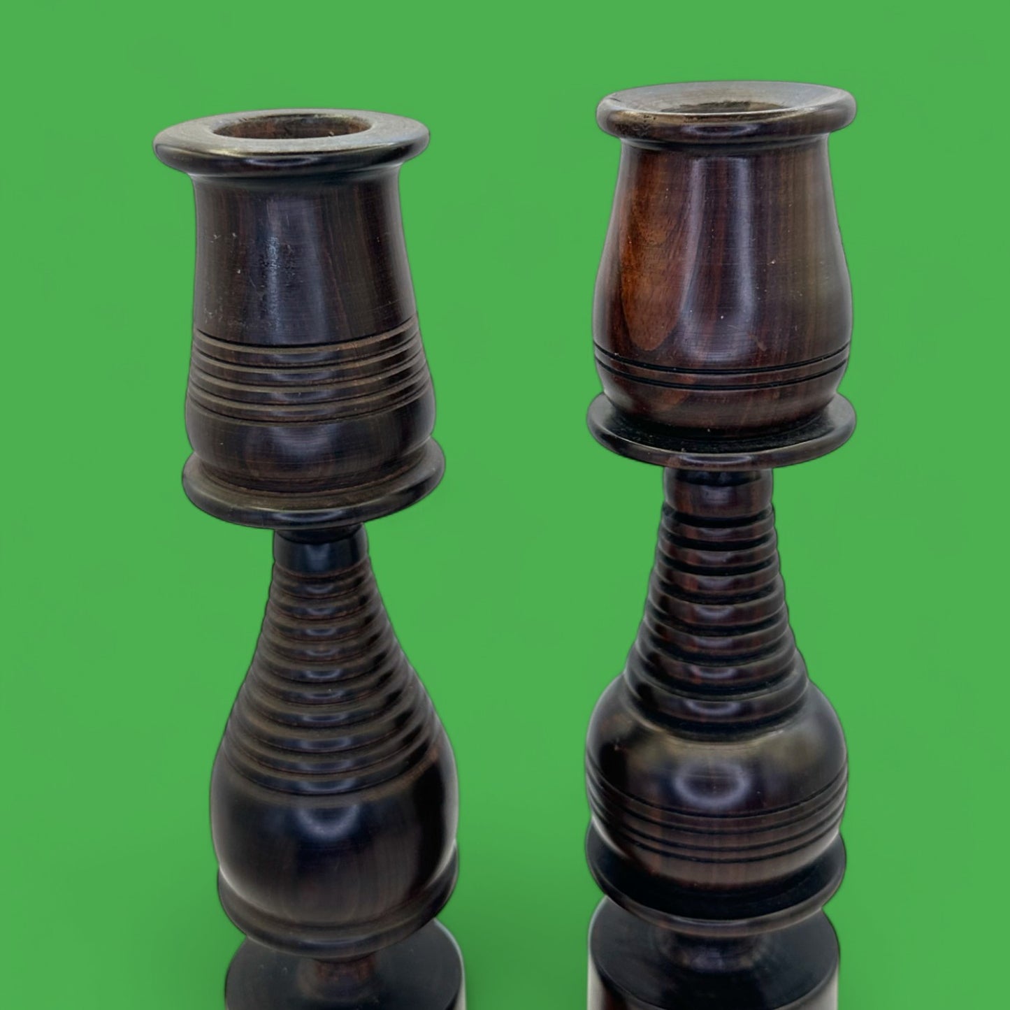 Pair of Vintage Hardwood Candle Holders – Hand-Turned Dark Wood MCM