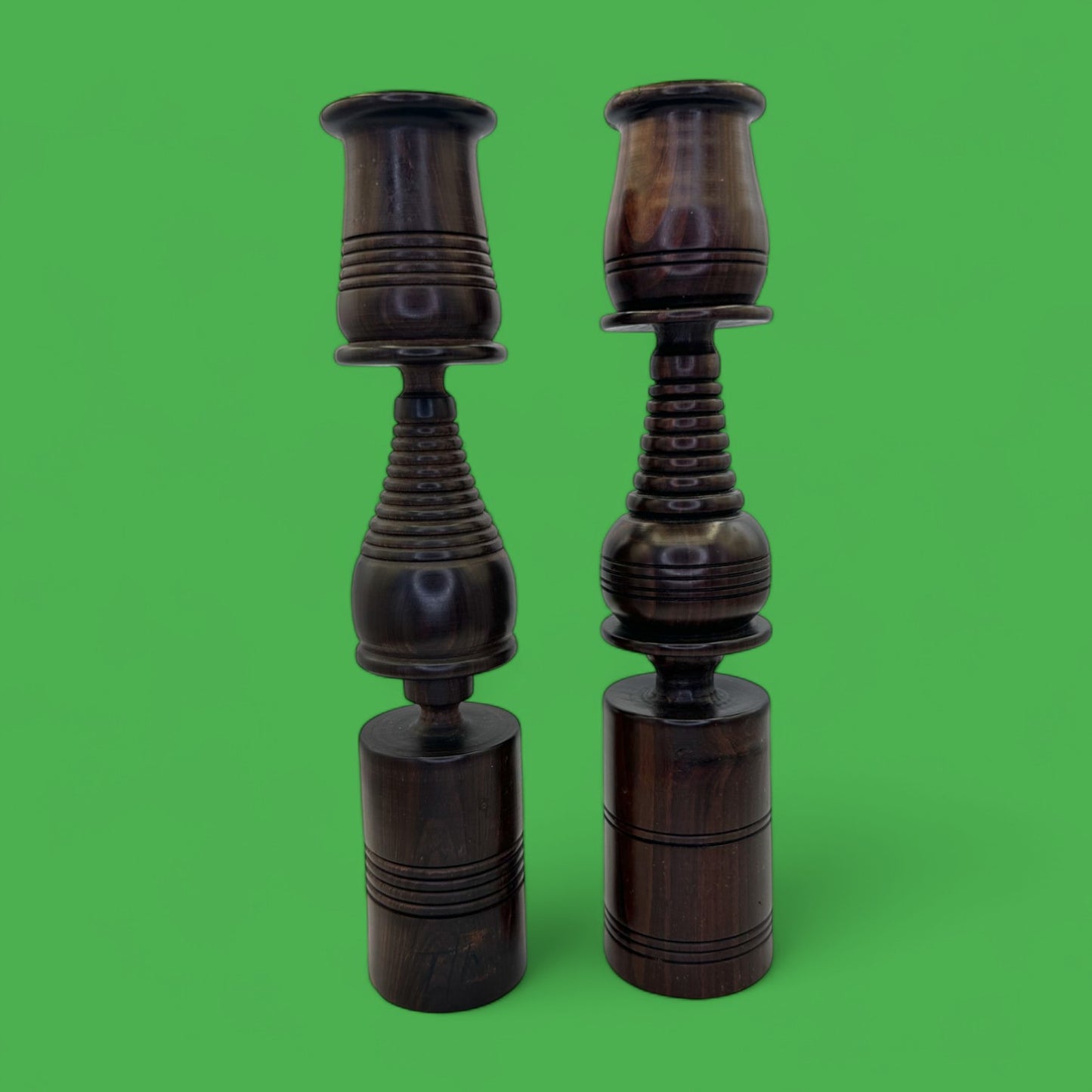 Pair of Vintage Hardwood Candle Holders – Hand-Turned Dark Wood MCM