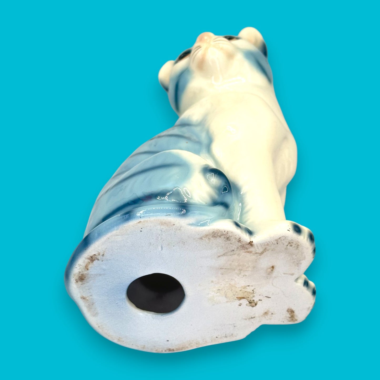 Vintage Royal Orleans Blue White Striped Tabby Cat Statue Ceramic Figurine