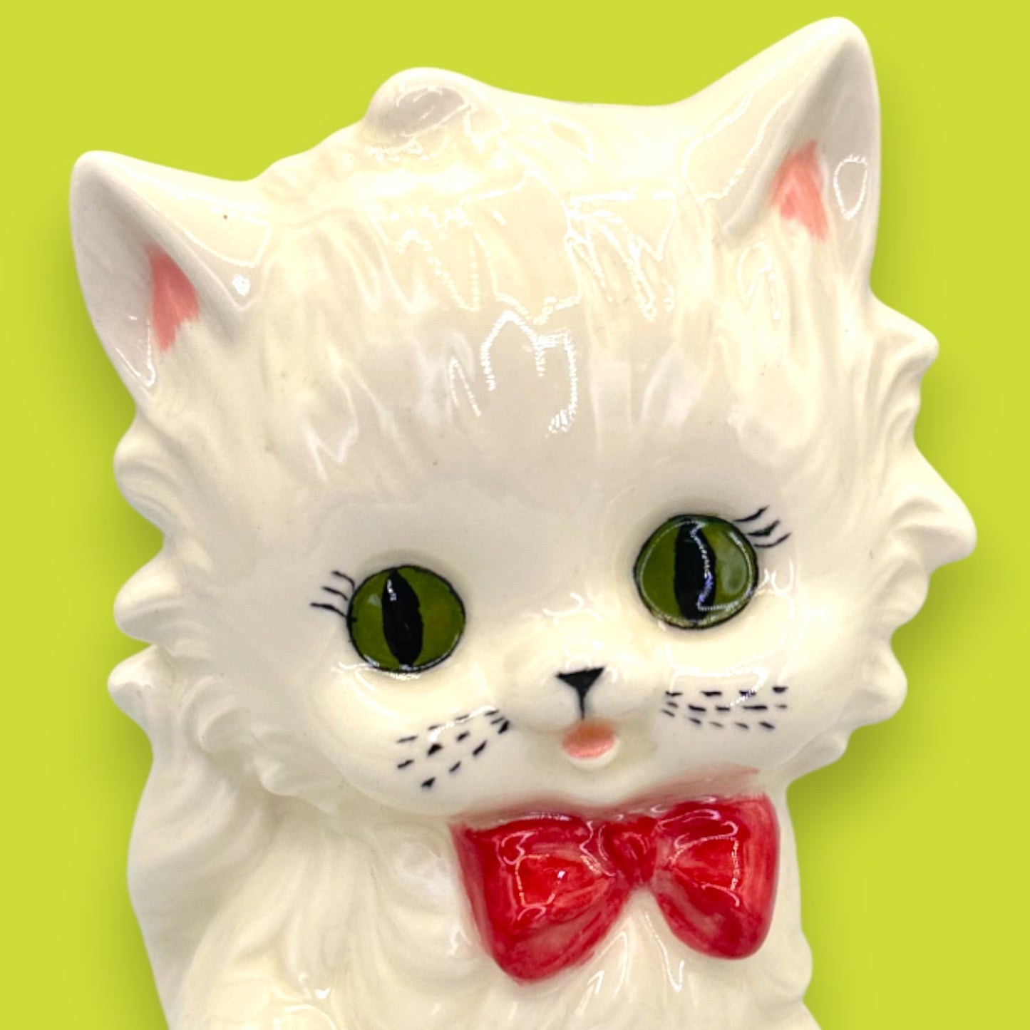 Vintage White Ceramic Cat Figurine with Red Bow and Blue Yarn